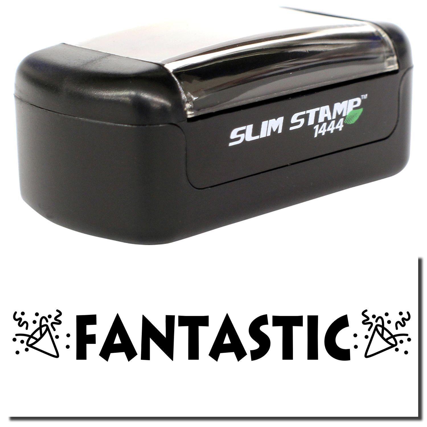 A stock office pre-inked stamp with a stamped image showing how the text "FANTASTIC" in bold, jagged letters and noise blowers icons on each side of the text is displayed after stamping.