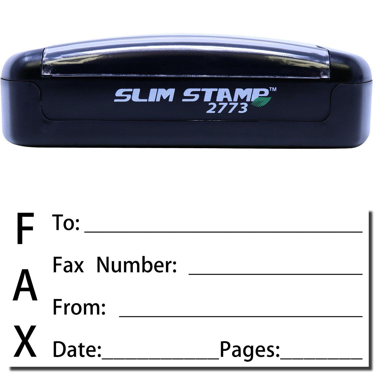 A stock office pre-inked stamp with a stamped image showing how the text FAX is displayed vertically with a form for filling in details of fax like whom the fax is being sent to, fax number, who is sending the fax, date, and number of pages is shown after stamping from it.