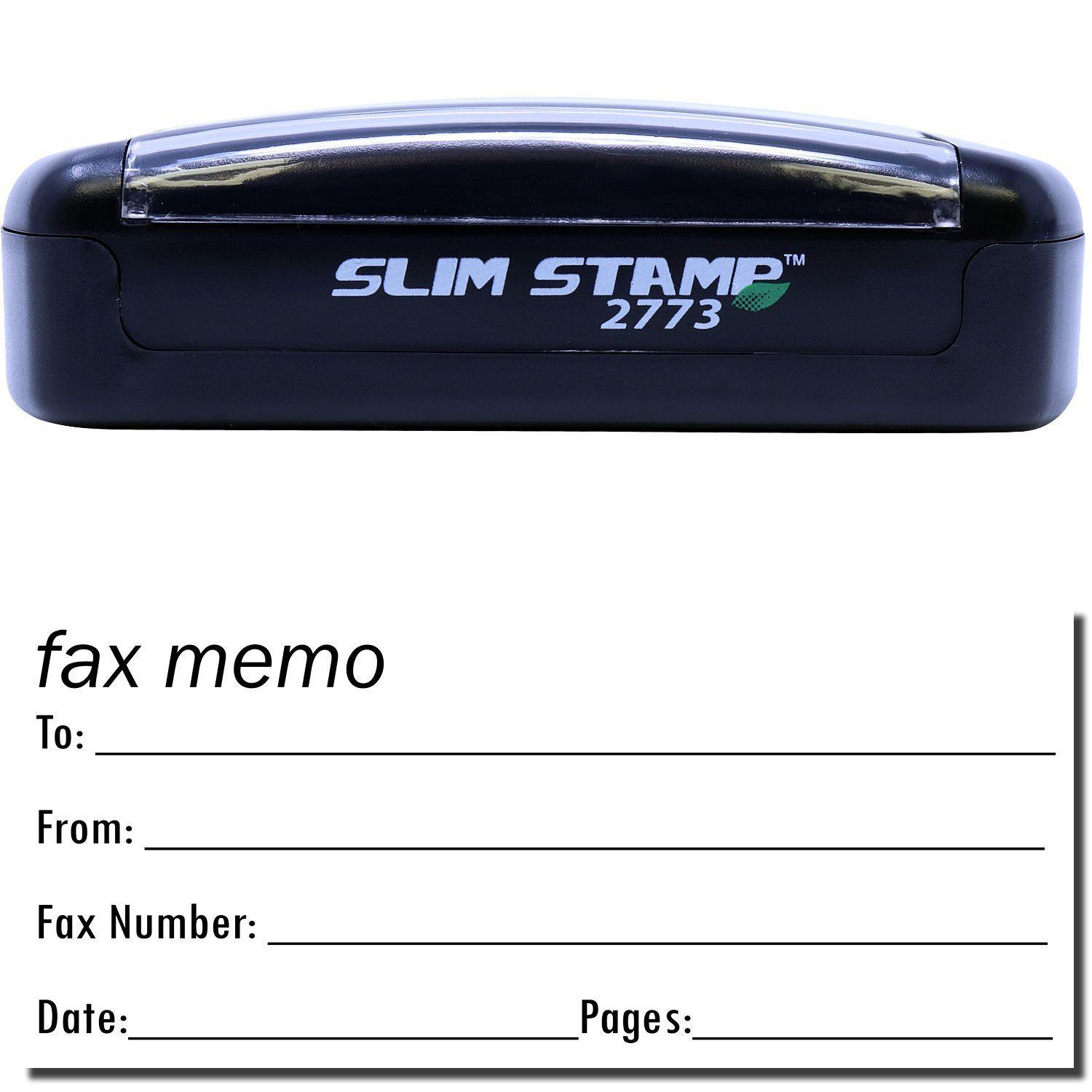 A stock office pre-inked stamp with a stamped image showing how the text fax memo is displayed horizontally with a form underneath for filling in details of the fax like whom the fax is being sent to, who is sending the fax, fax number, date, and number of pages is shown after stamping from it.