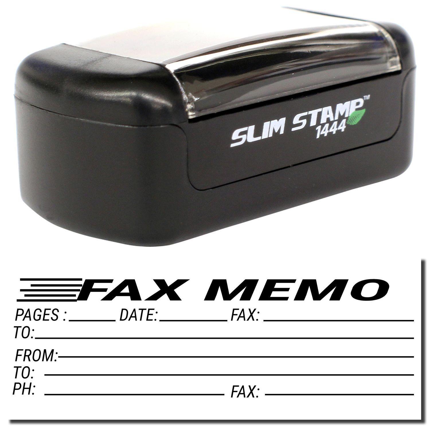 A stock office pre-inked stamp with a stamped image showing how the text FAX MEMO is displayed horizontally with a form underneath for filling in various details of the fax is shown after stamping from it.