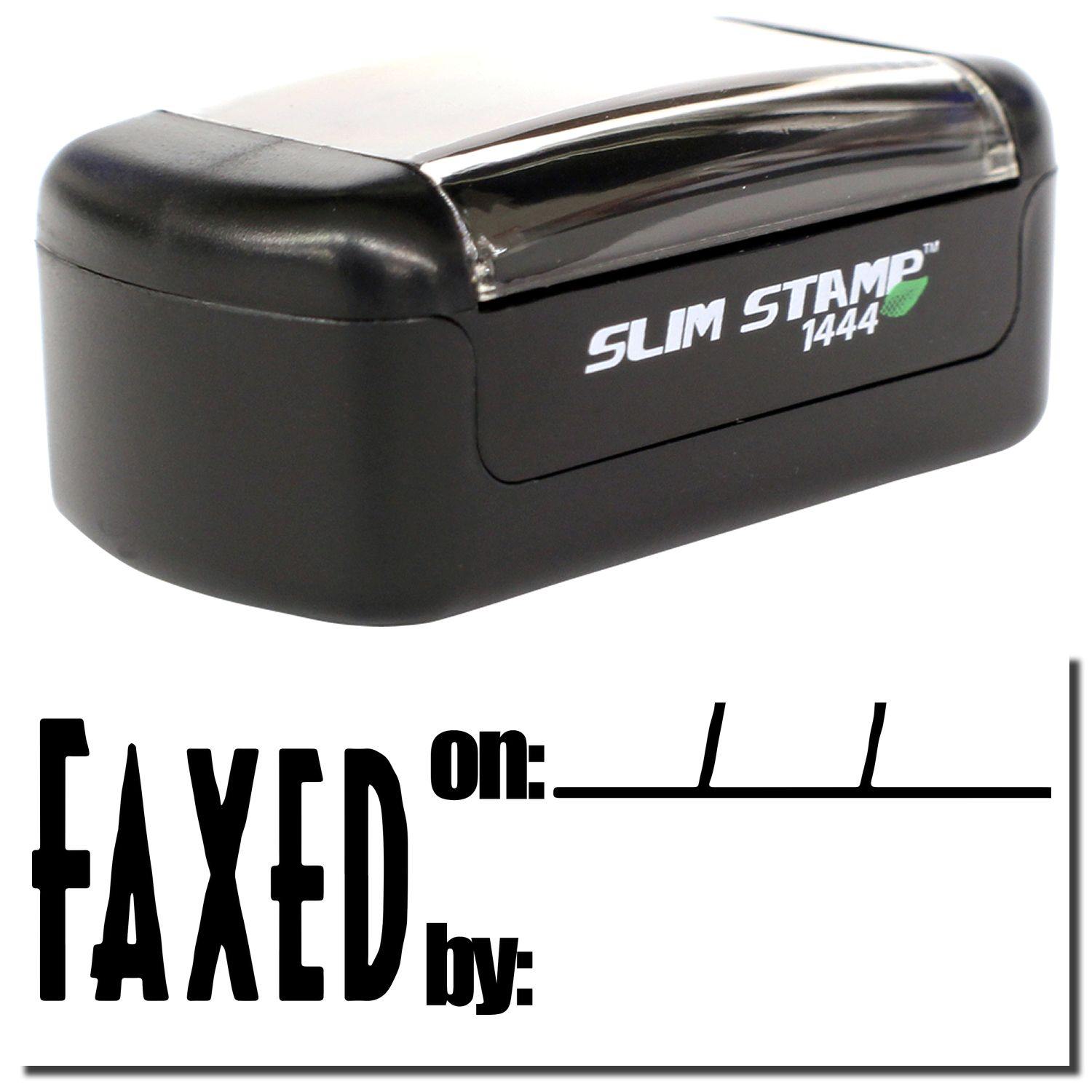 A stock office pre-inked stamp with a stamped image showing how the text FAXED on: in bold font with a space for writing the date and name of the person (by:) is displayed after stamping.