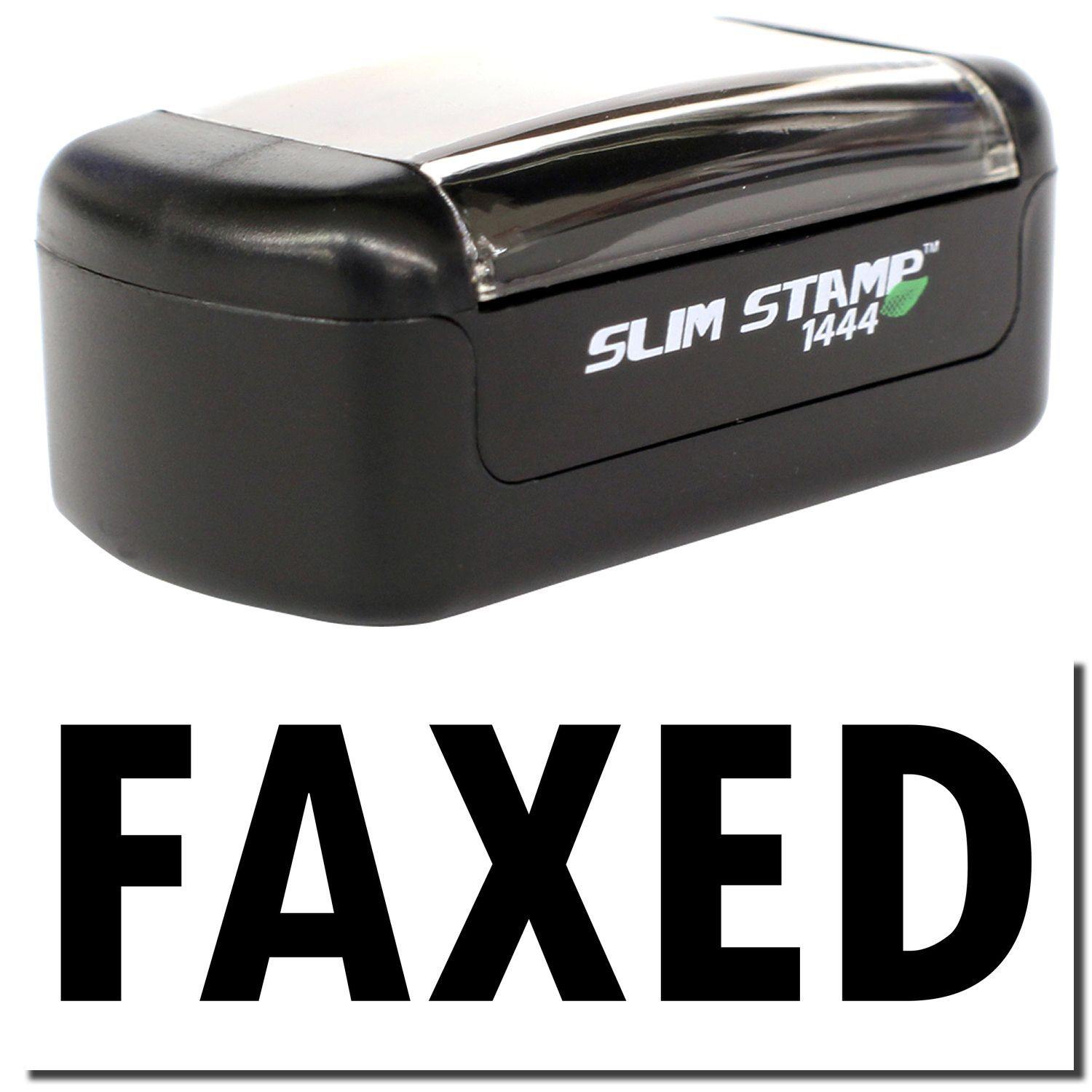 A stock office pre-inked stamp with a stamped image showing how the text FAXED is displayed after stamping.