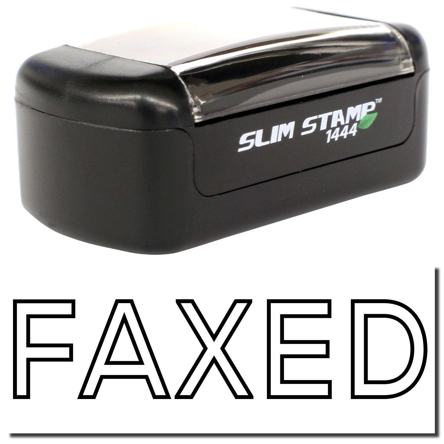 A stock office pre-inked stamp with a stamped image showing how the text FAXED in an outline font is displayed after stamping.