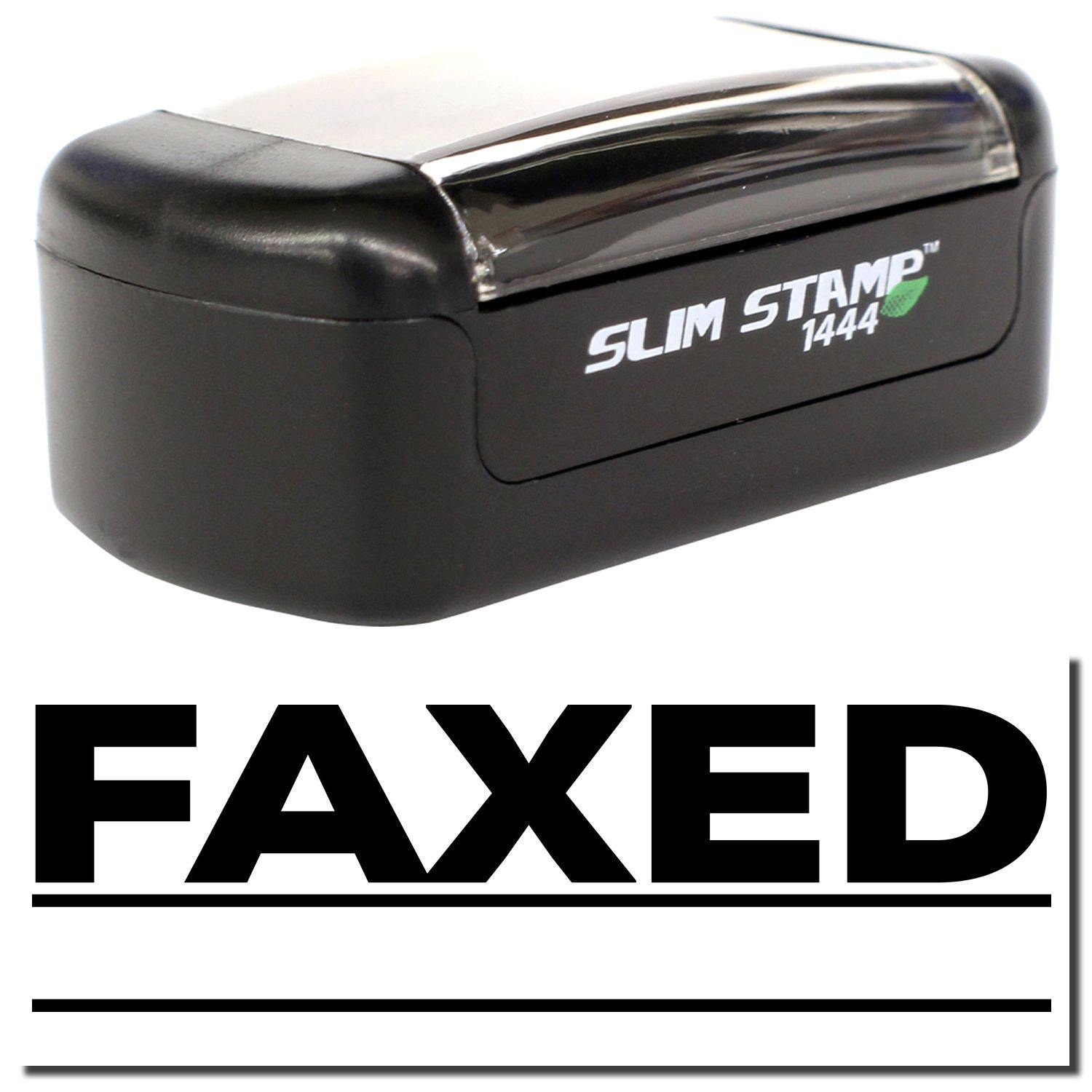 A stock office pre-inked stamp with a stamped image showing how the text FAXED with two lines underneath the text is displayed after stamping.