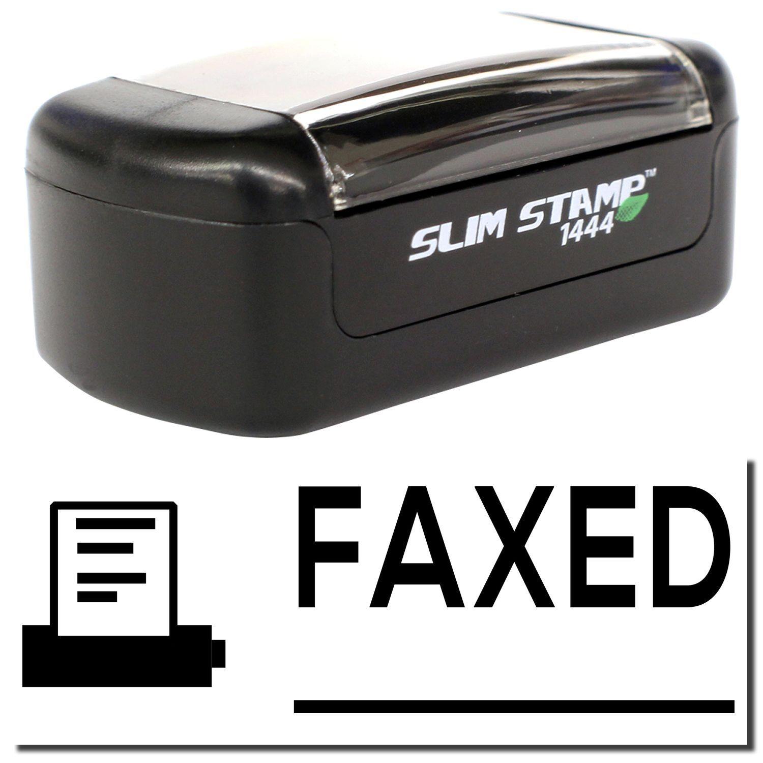 A stock office pre-inked stamp with a stamped image showing how the text FAXED with a line underneath the text and a machine icon on the left side is displayed after stamping.