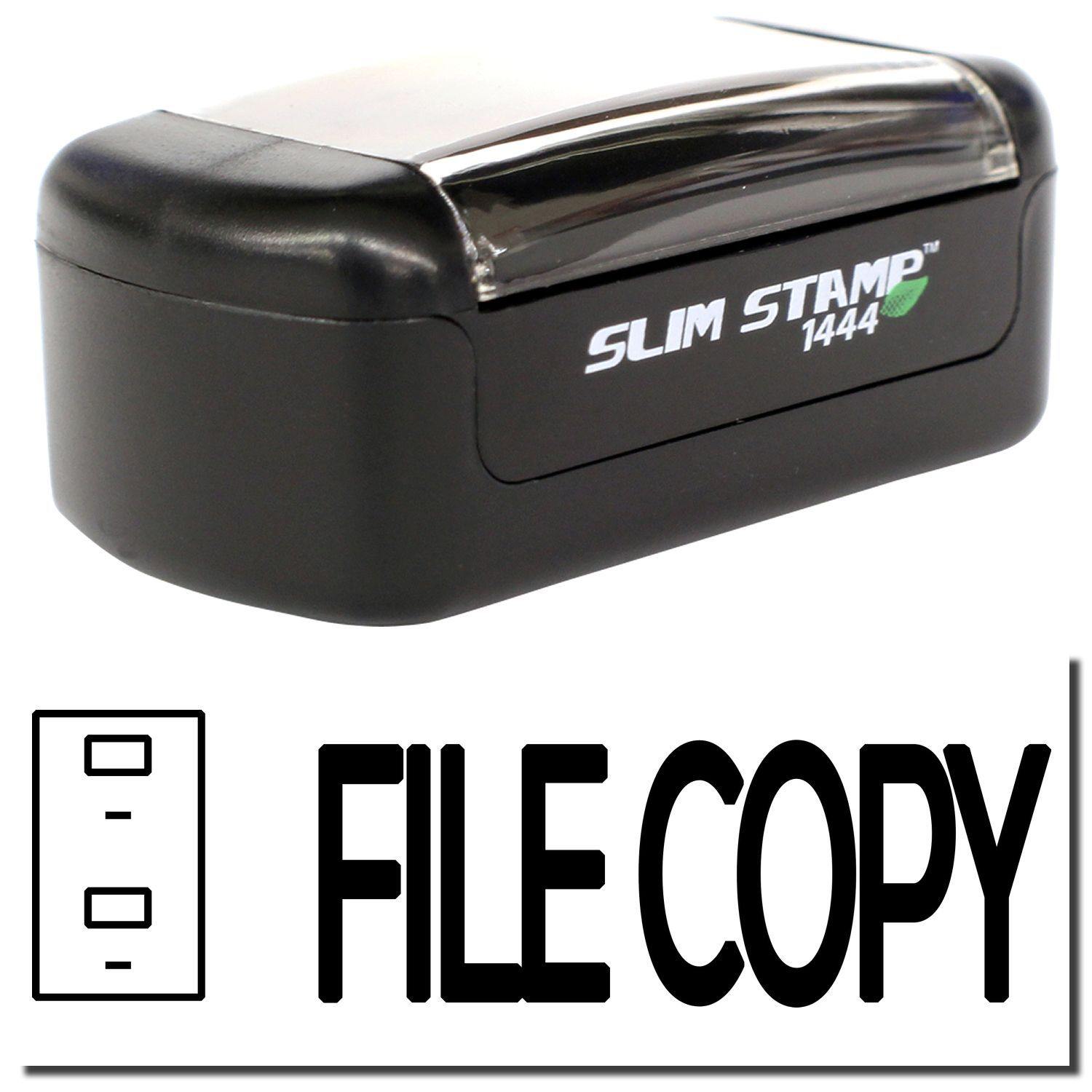 A stock office pre-inked stamp with a stamped image showing how the text FILE COPY with an icon of a drawer on the left side is displayed after stamping.