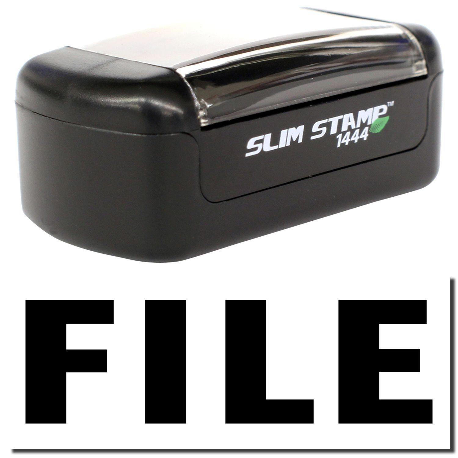 A stock office pre-inked stamp with a stamped image showing how the text FILE is displayed after stamping.