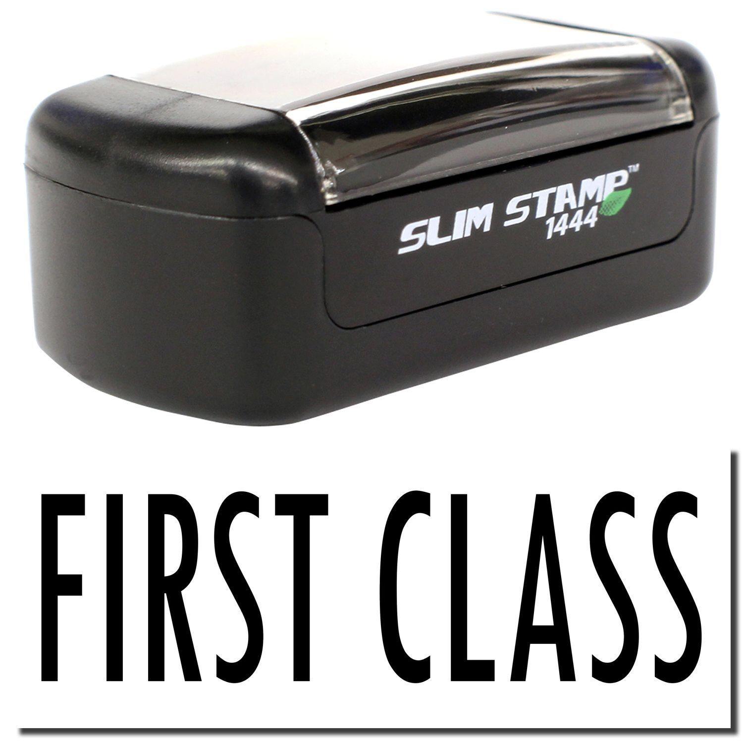 A stock office pre-inked stamp with a stamped image showing how the text FIRST CLASS is displayed after stamping.