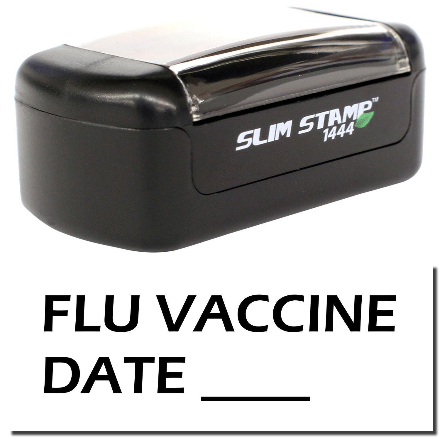 A stock office pre-inked stamp with a stamped image showing how the text FLU VACCINE DATE with a line is displayed after stamping.