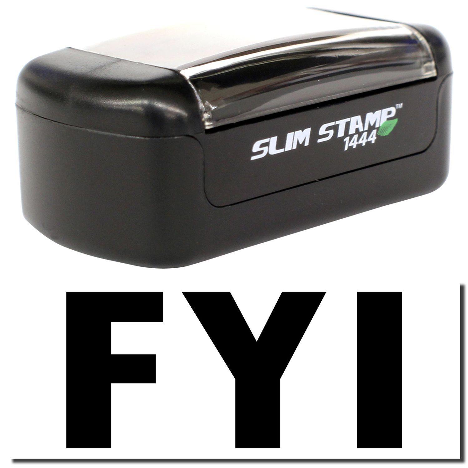 A stock office pre-inked stamp with a stamped image showing how the text FYI is displayed after stamping.