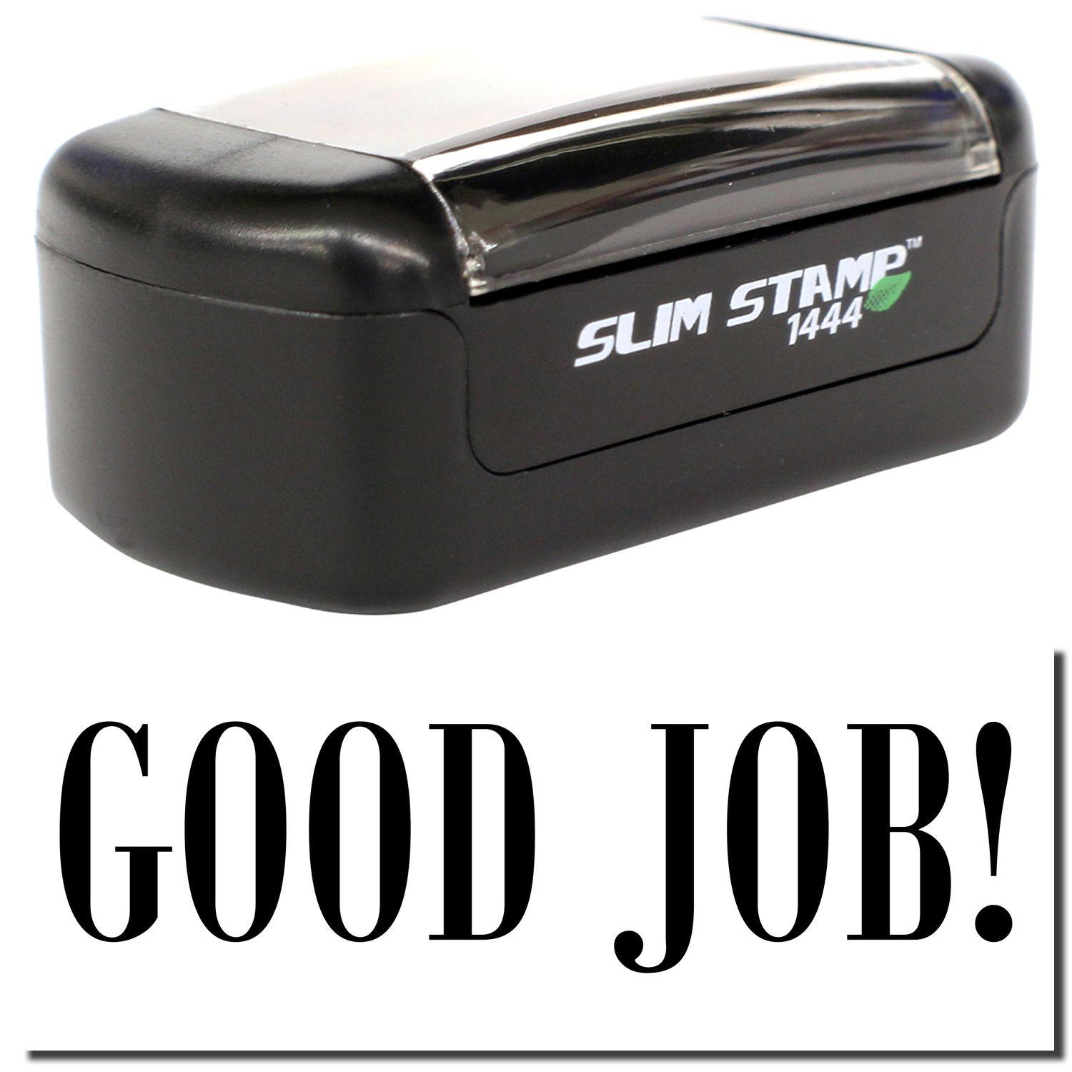 A stock office pre-inked stamp with a stamped image showing how the text GOOD JOB! is displayed after stamping.