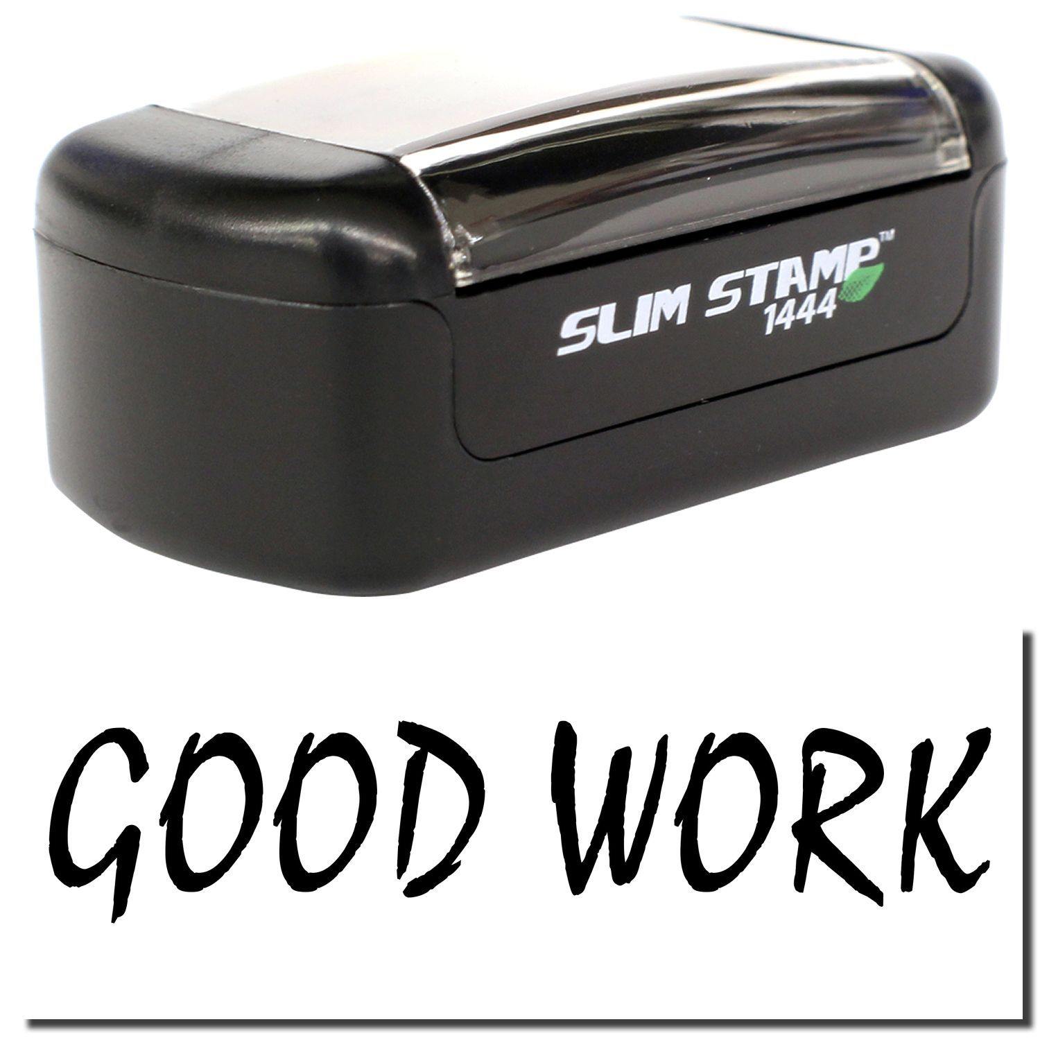 A stock office pre-inked stamp with a stamped image showing how the text GOOD WORK is displayed after stamping.