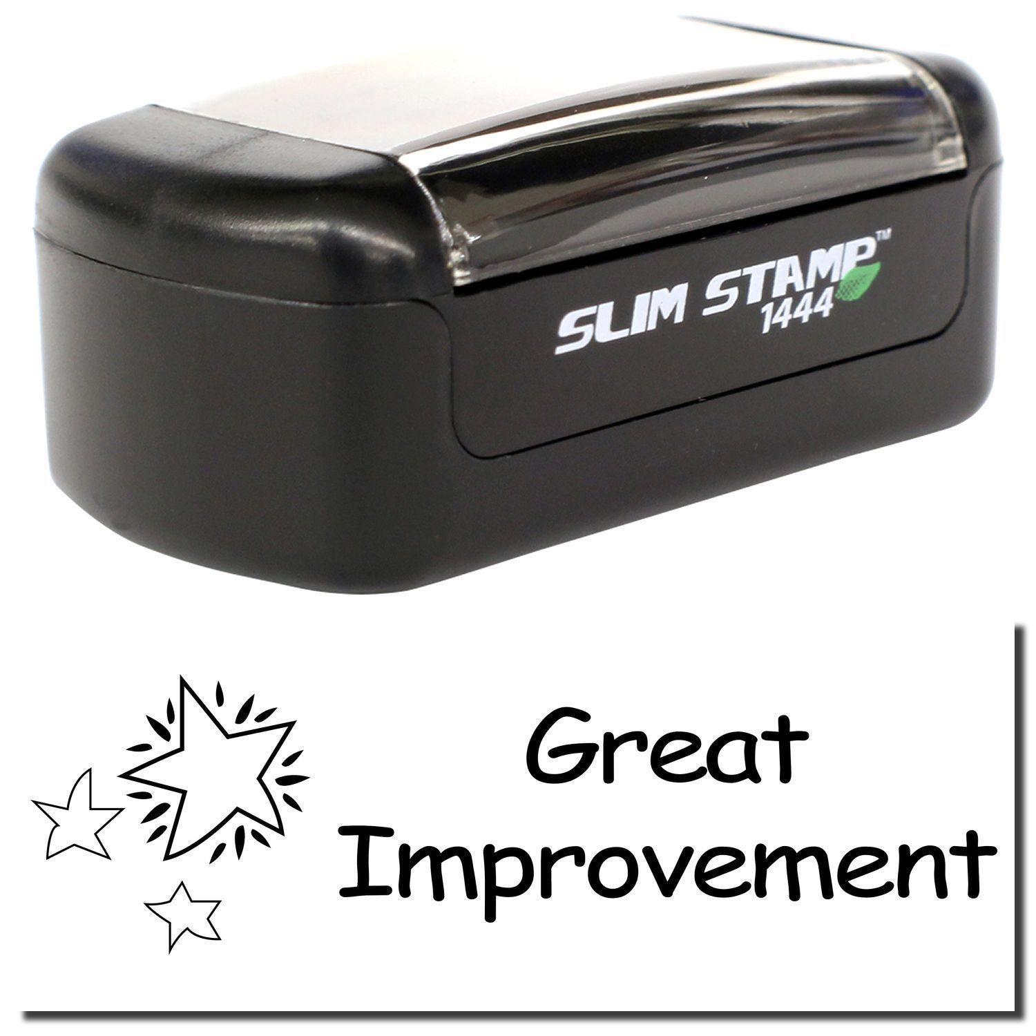 A stock office pre-inked stamp with a stamped image showing how the text Great Improvement in a whimsical font with a trio of stars on the left side is displayed after stamping.