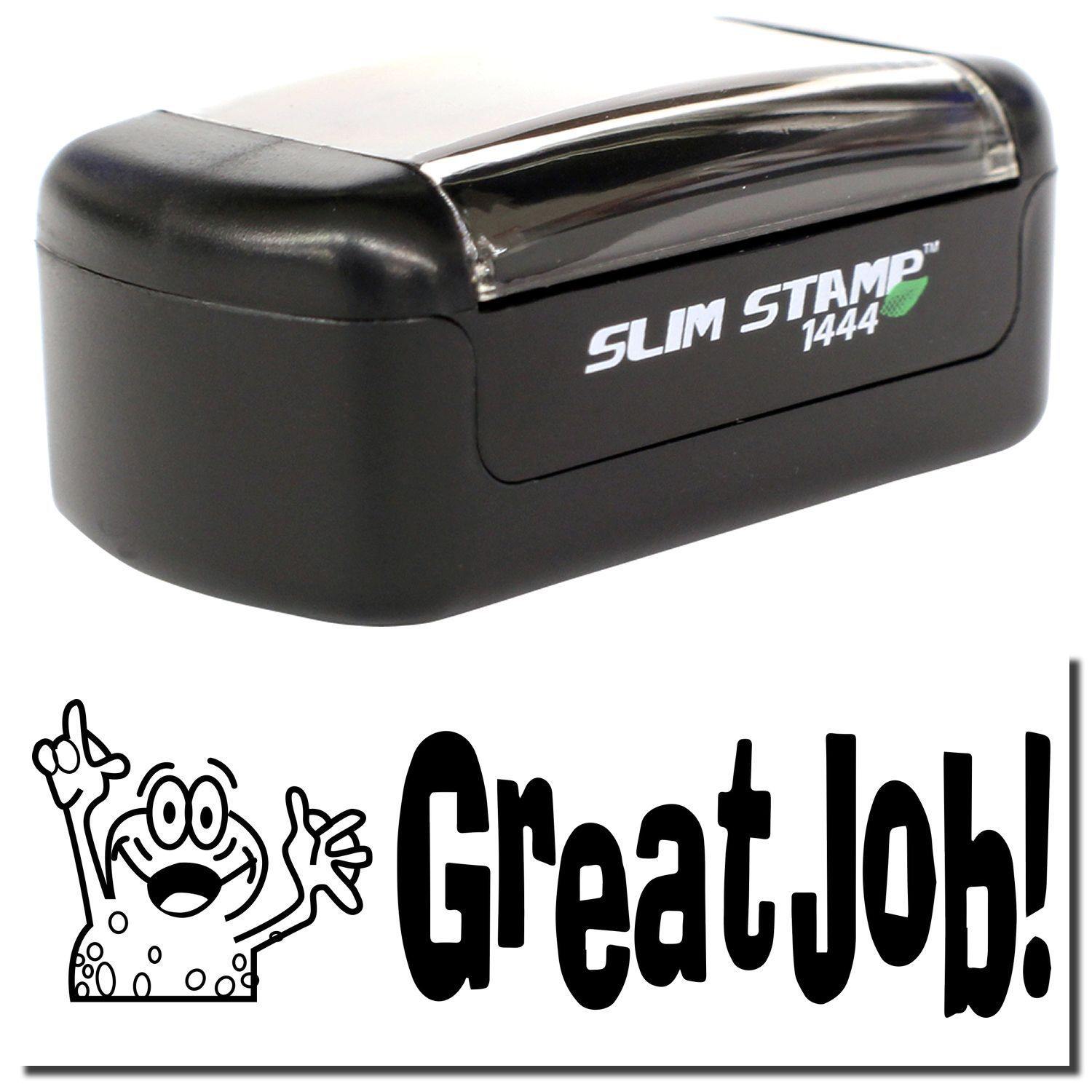 A stock office pre-inked stamp with a stamped image showing how the text Great Job! with a frog image whose hands are up in the air on the left side is displayed after stamping.