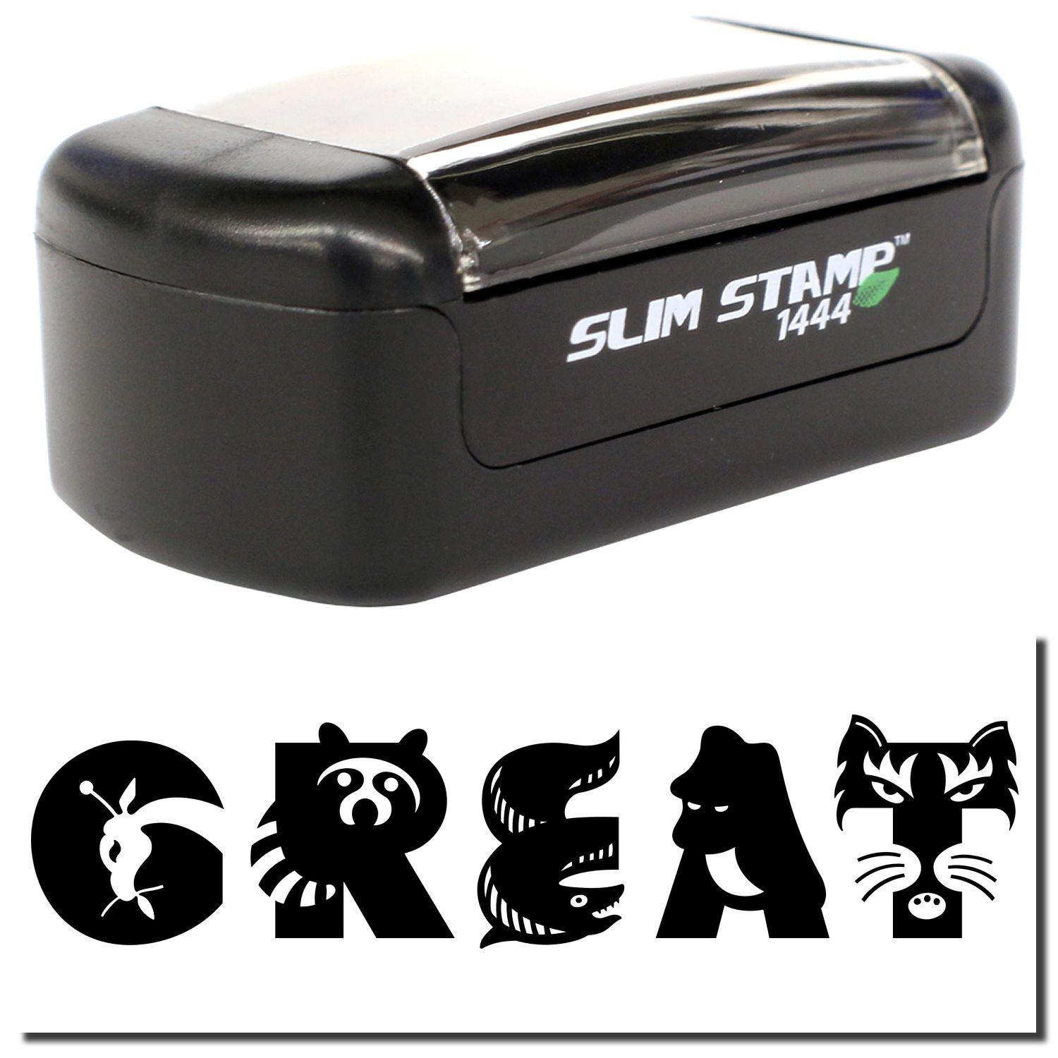 A stock office pre-inked stamp with a stamped image showing how the text GREAT (Each letter in the word GREAT resembles an animal, including a giraffe, raccoon, eel, ape, and tiger) is displayed after stamping.