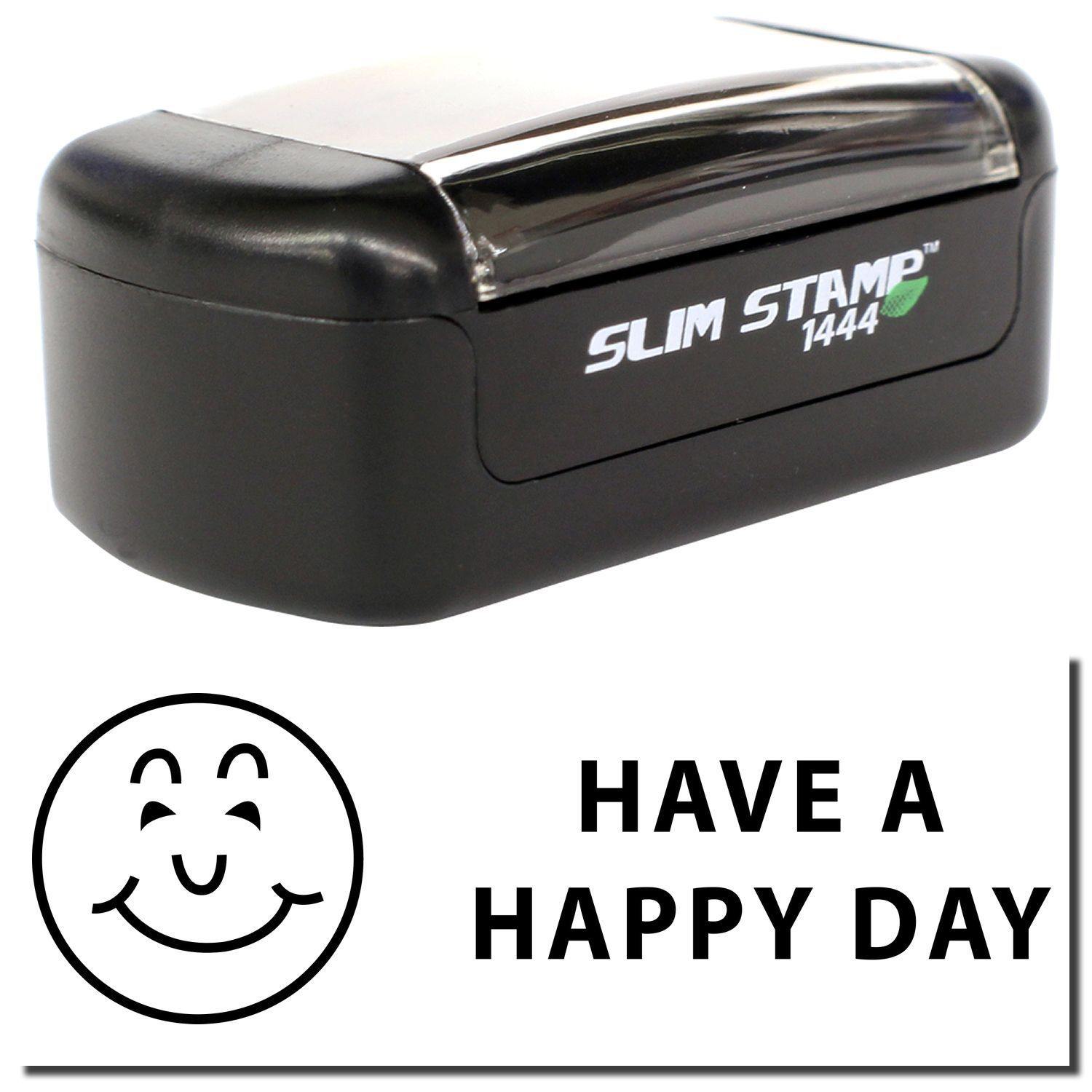 A stock office pre-inked stamp with a stamped image showing how the text HAVE A HAPPY DAY with a smiling face icon on the left side is displayed after stamping.