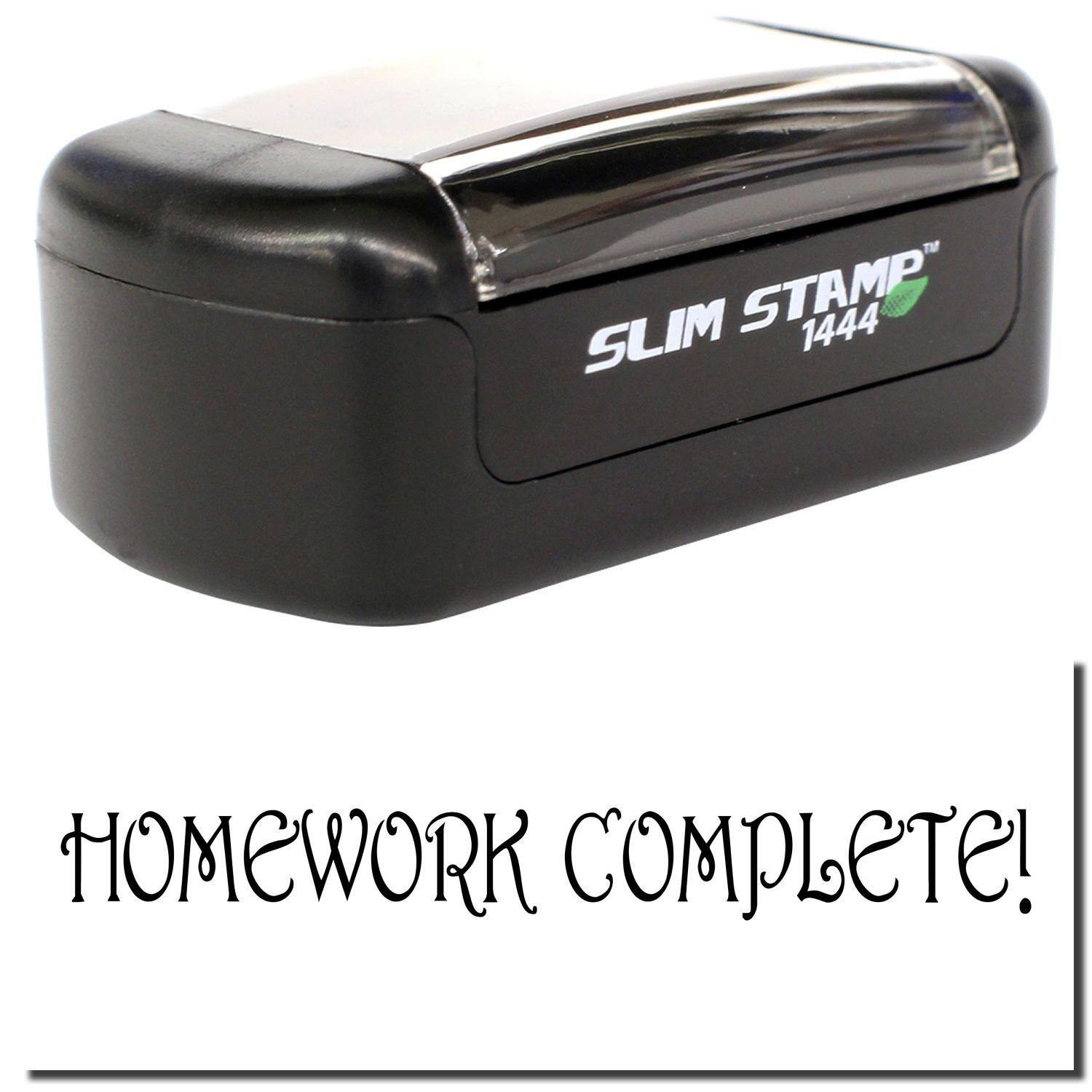 A stock office pre-inked stamp with a stamped image showing how the text HOMEWORK COMPLETE! is displayed after stamping.