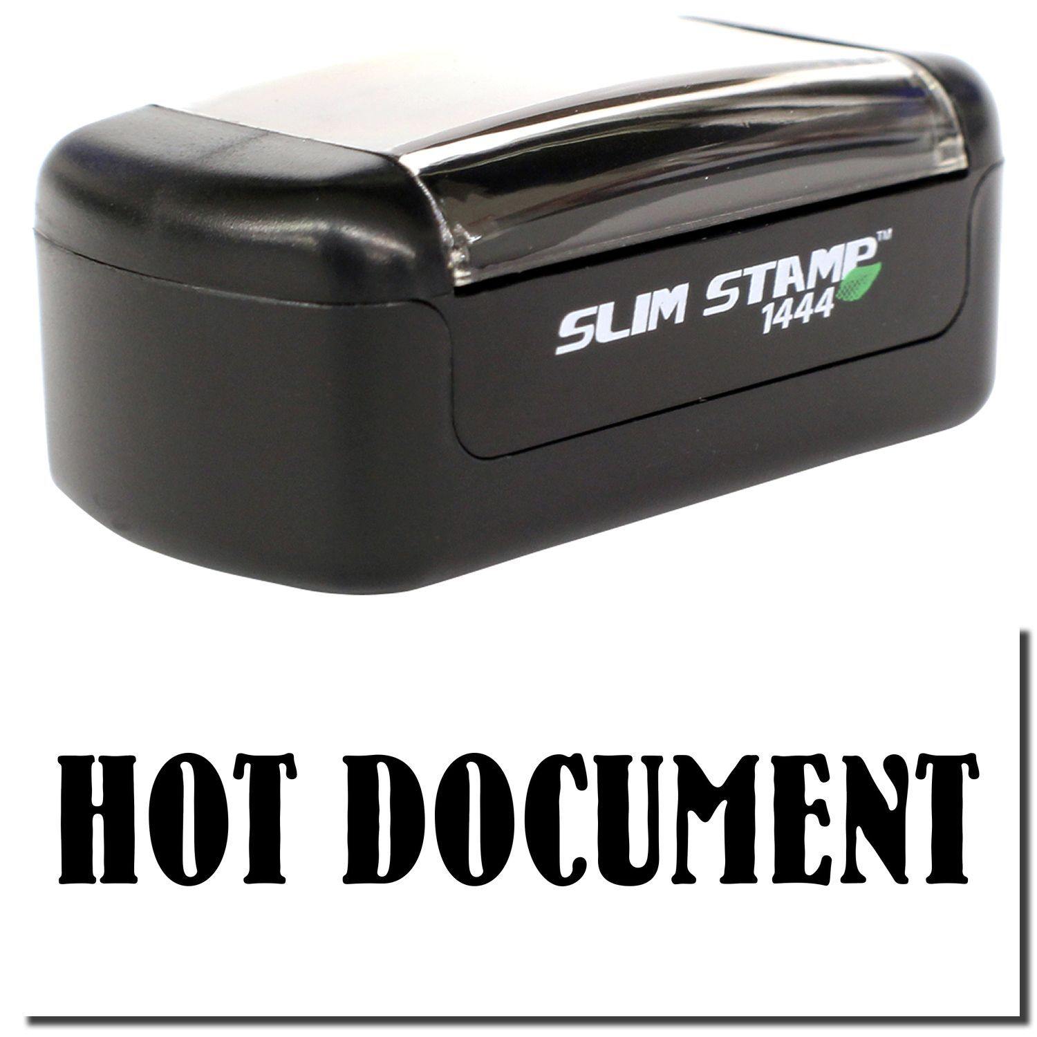 A stock office pre-inked stamp with a stamped image showing how the text HOT DOCUMENT is displayed after stamping.