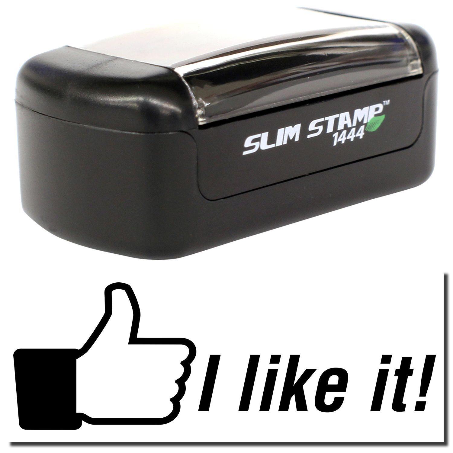 A stock office pre-inked stamp with a stamped image showing how the text I like it! with a thumbs-up icon on the left side is displayed after stamping.