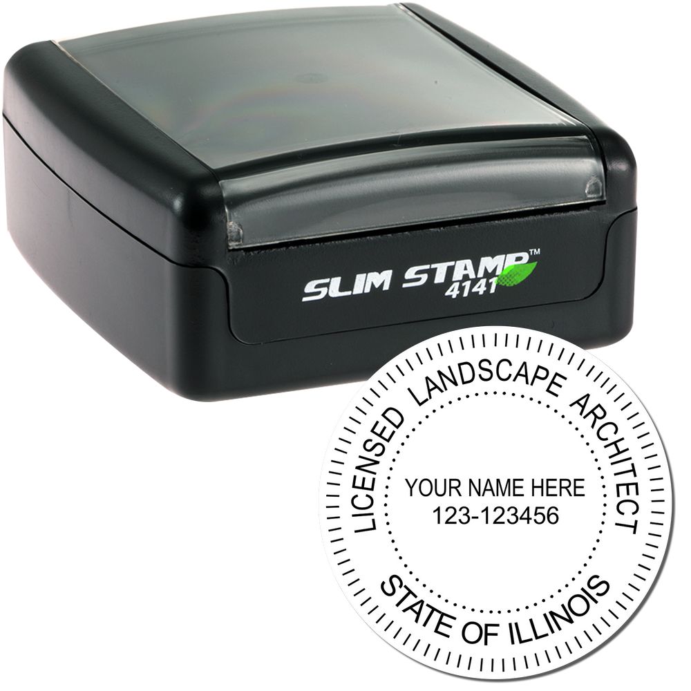 The main image for the Slim Pre-Inked Illinois Landscape Architect Seal Stamp depicting a sample of the imprint and electronic files