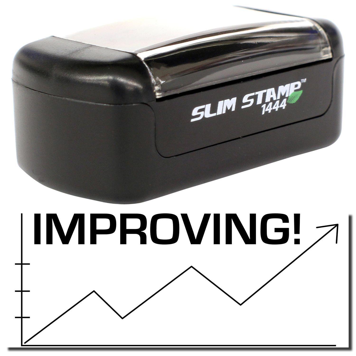 A stock office pre-inked stamp with a stamped image showing how the text IMPROVING! with an image of a chart showing an arrow moving up, down, and back up again is displayed after stamping.