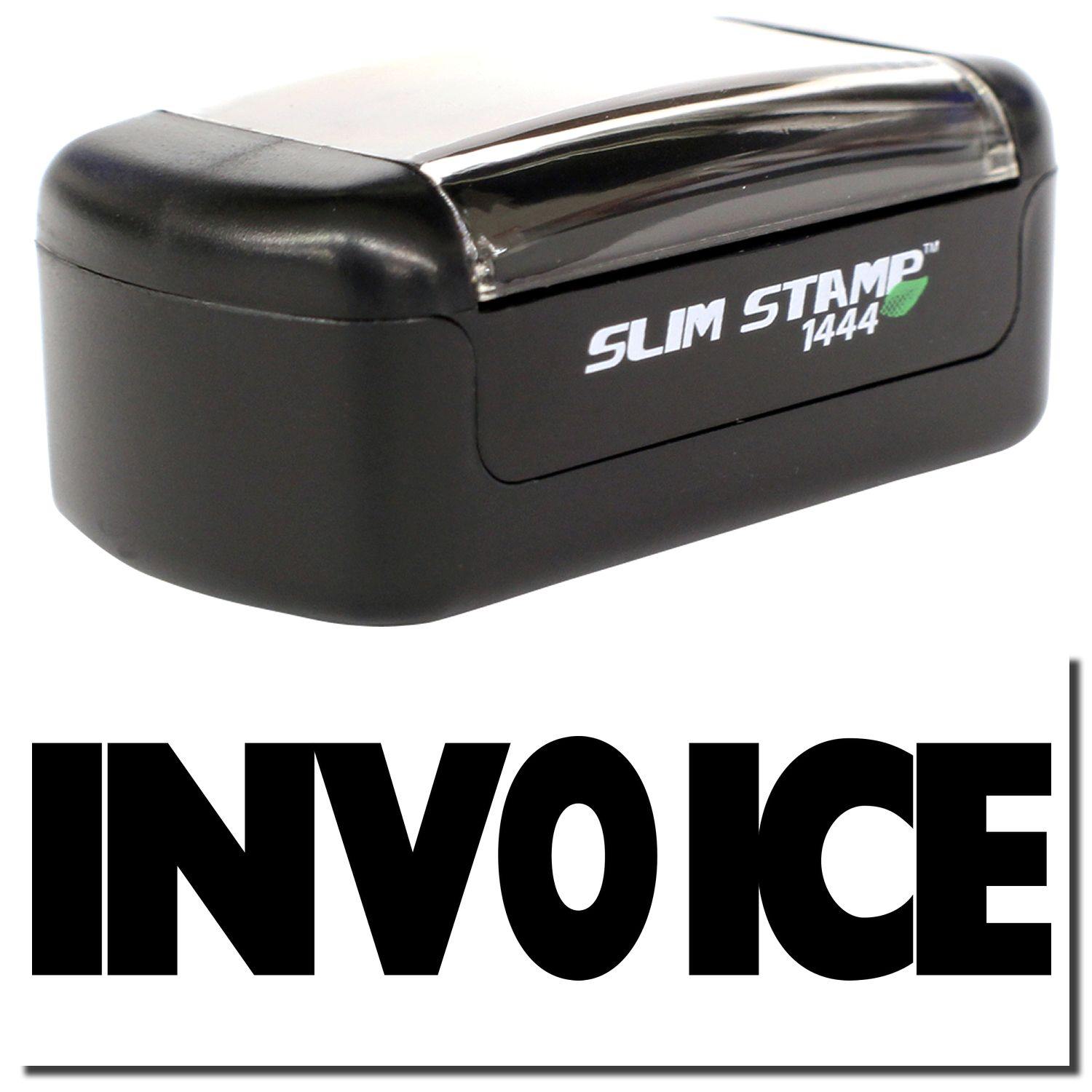 A stock office pre-inked stamp with a stamped image showing how the text INVOICE is displayed after stamping.