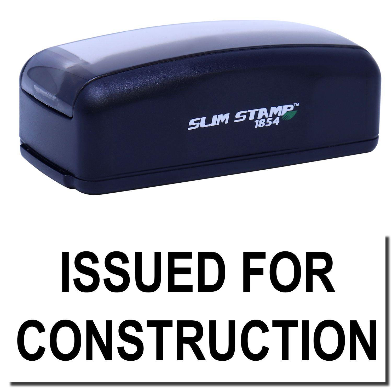 Slim Pre-Inked Issued for Construction Stamp, black, compact design, with text ISSUED FOR CONSTRUCTION stamped below.