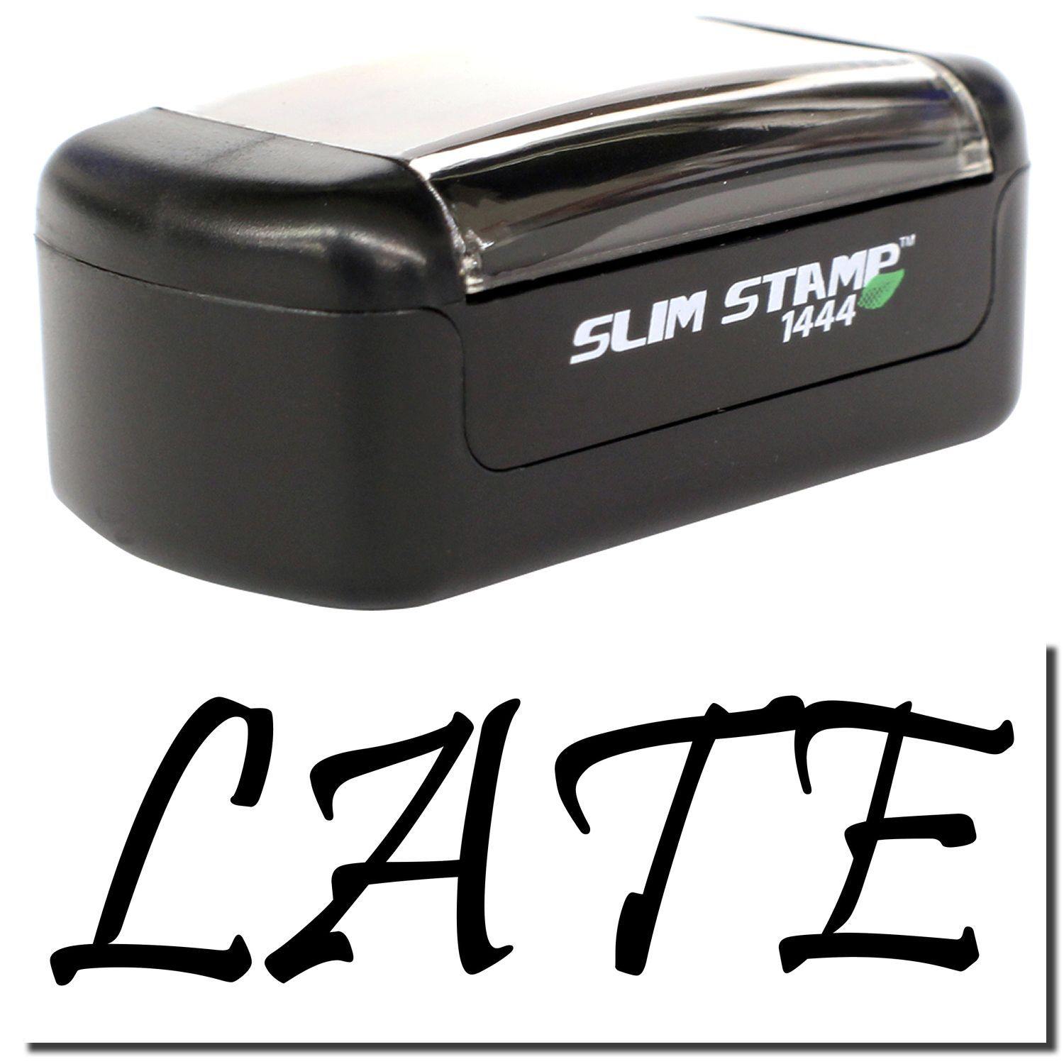 A stock office pre-inked stamp with a stamped image showing how the text LATE is displayed after stamping.