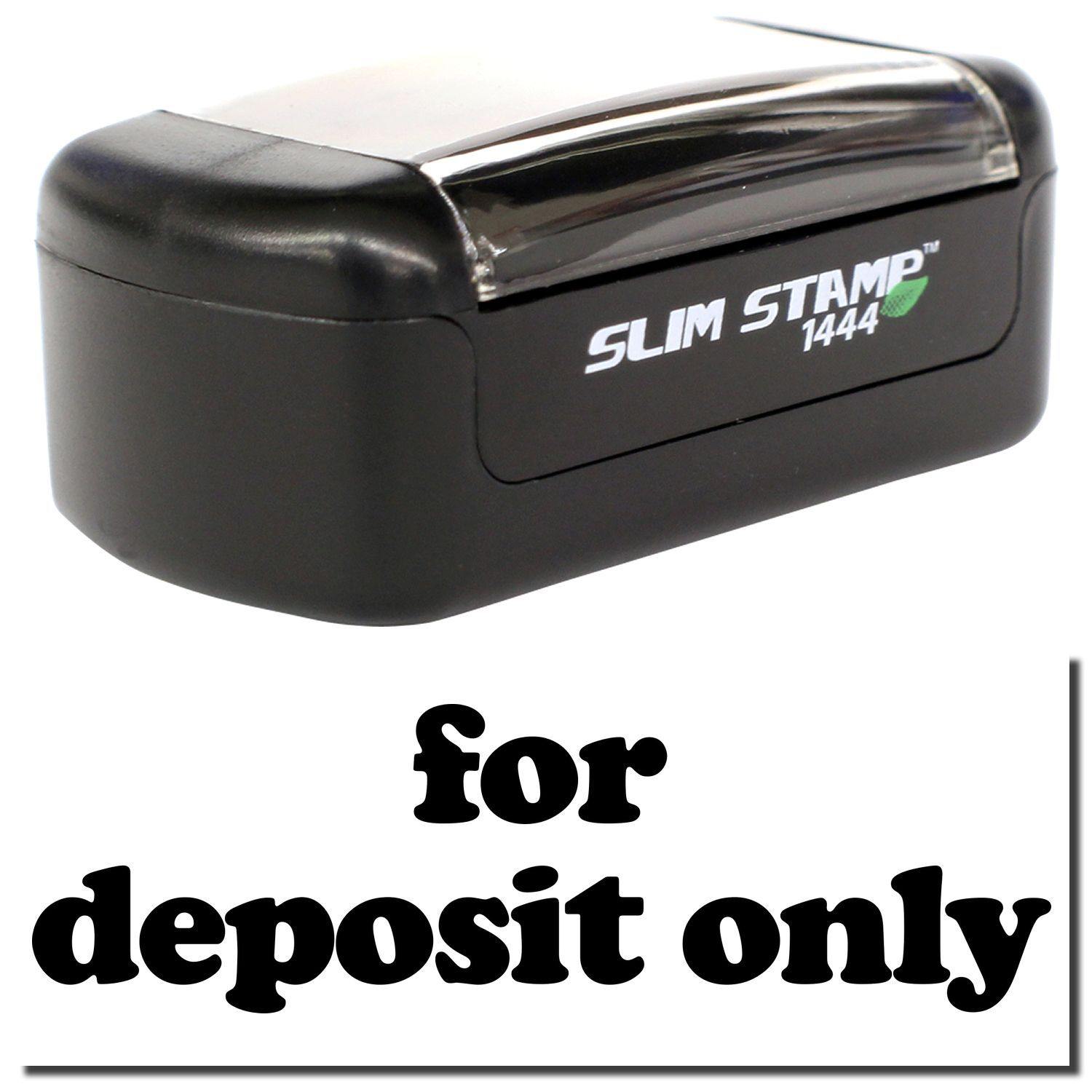 A stock office pre-inked stamp with a stamped image showing how the text "for deposit only" in lowercase letters is displayed after stamping.