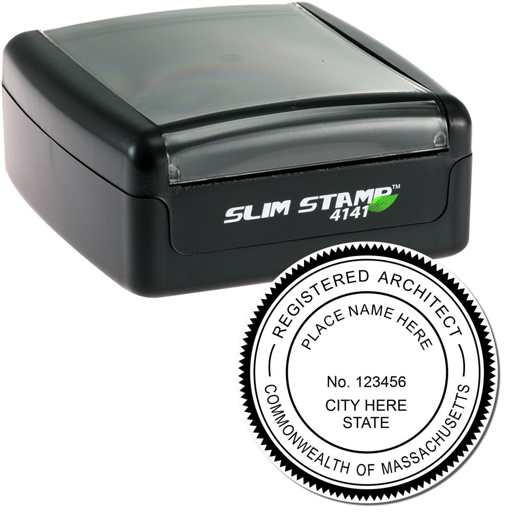 The main image for the Slim Pre-Inked Massachusetts Architect Seal Stamp depicting a sample of the imprint and electronic files