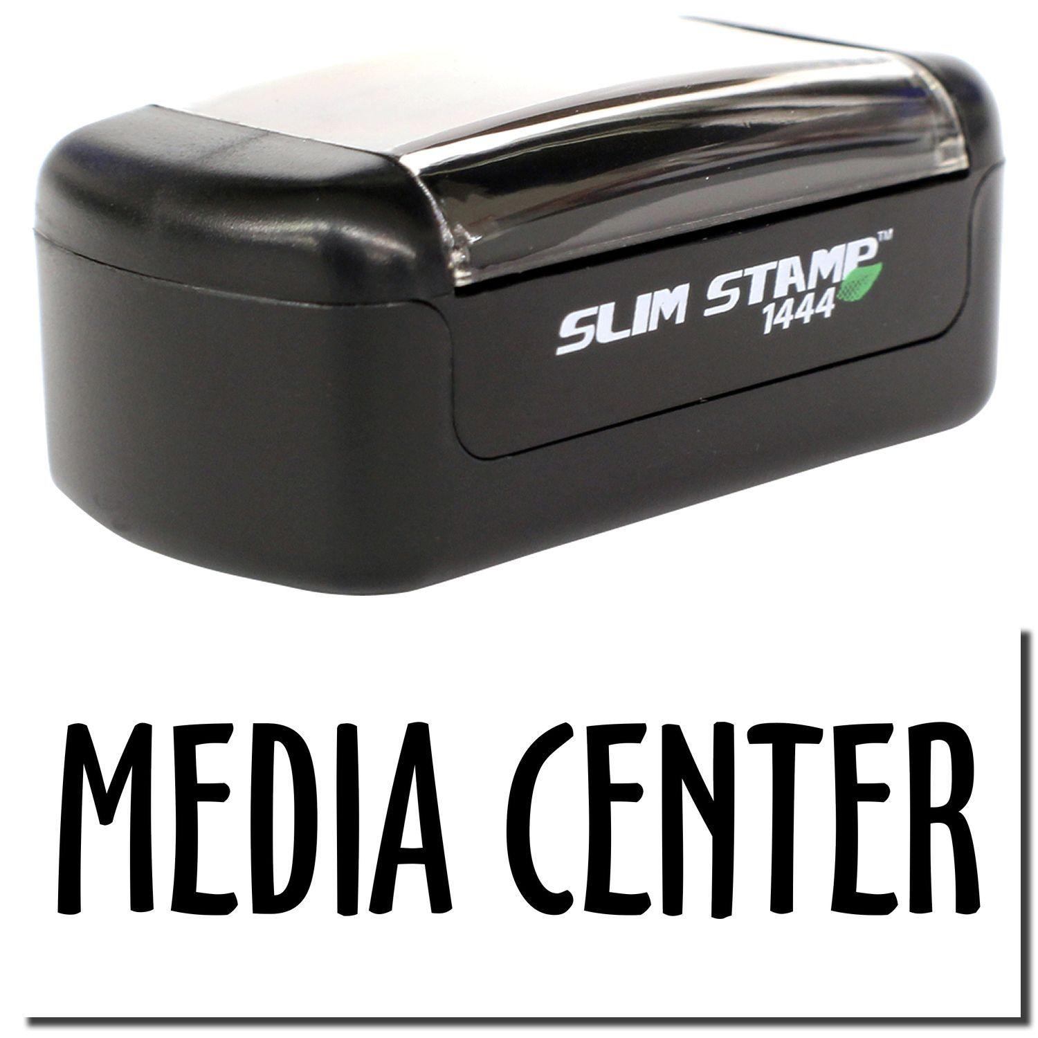 A stock office pre-inked stamp with a stamped image showing how the text MEDIA CENTER is displayed after stamping.