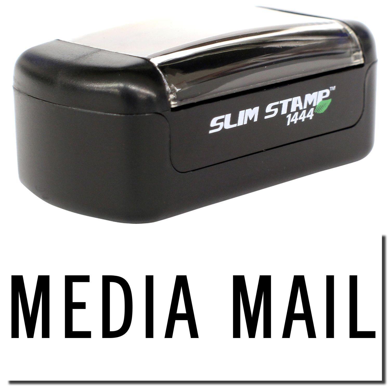 A stock office pre-inked stamp with a stamped image showing how the text MEDIA MAIL is displayed after stamping.