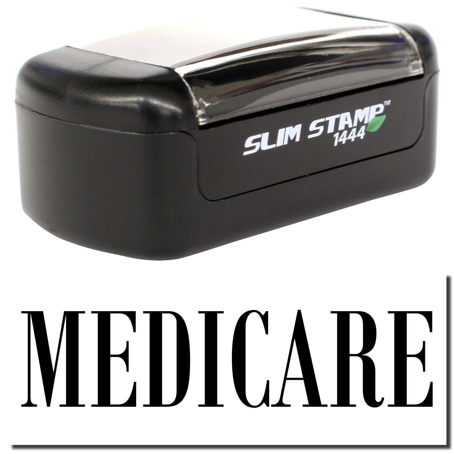 A stock office pre-inked stamp with a stamped image showing how the text MEDICARE is displayed after stamping.