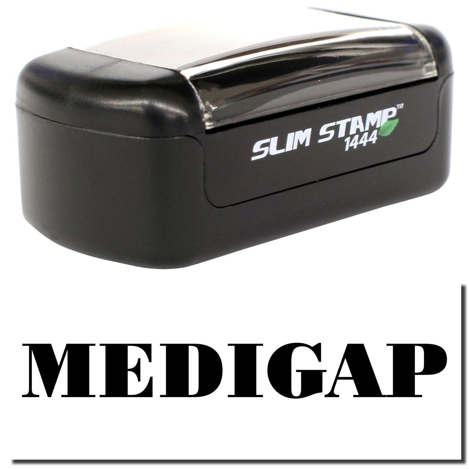 A stock office pre-inked stamp with a stamped image showing how the text MEDIGAP is displayed after stamping.