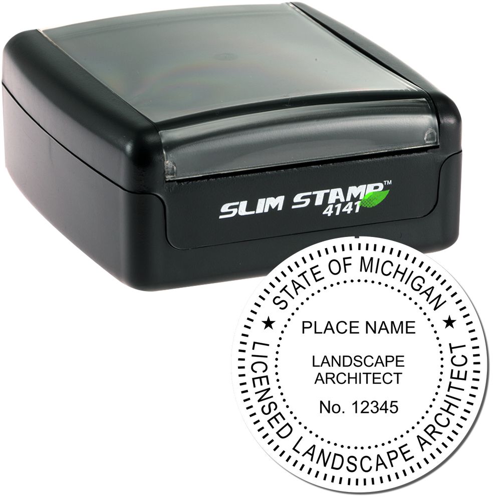 The main image for the Slim Pre-Inked Michigan Landscape Architect Seal Stamp depicting a sample of the imprint and electronic files