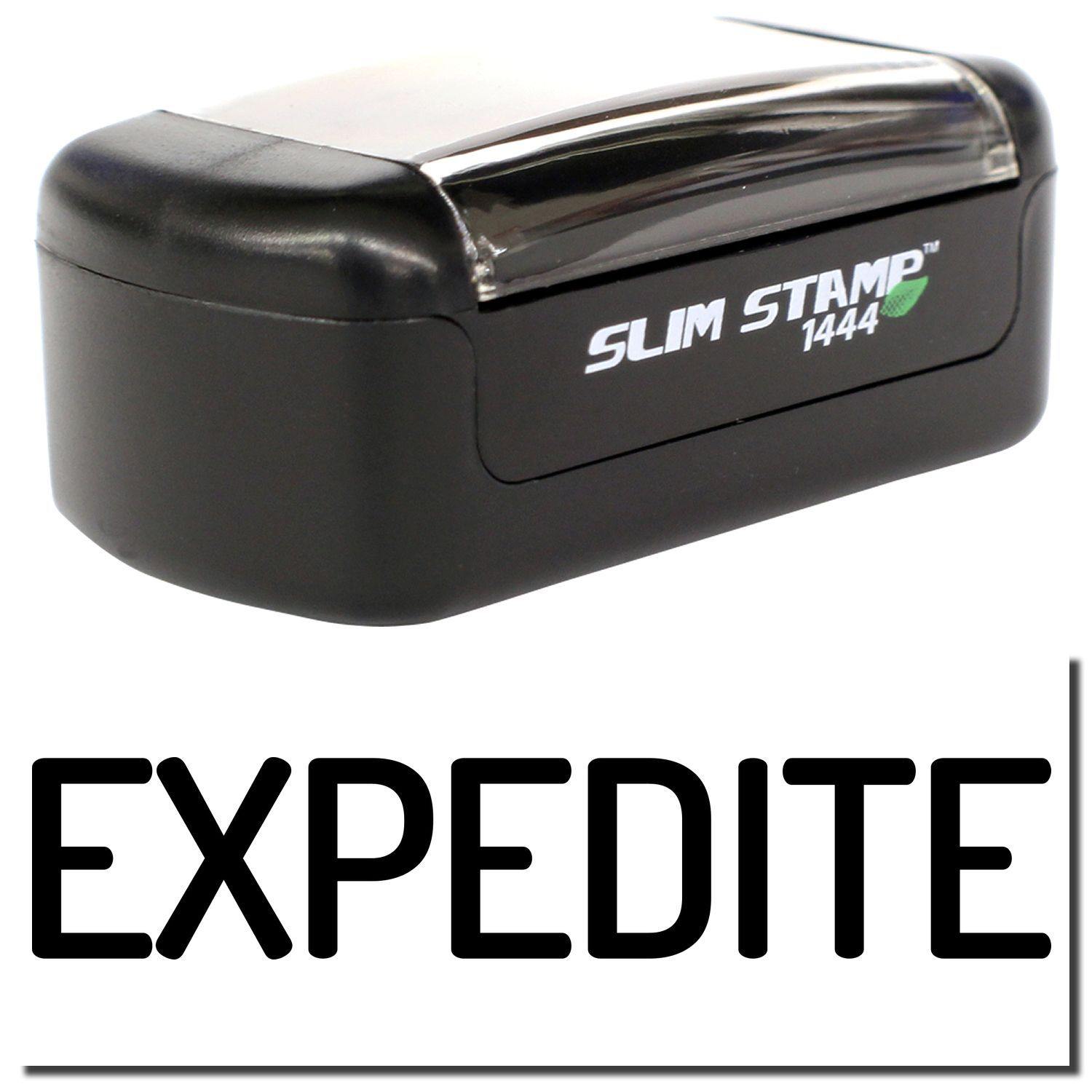 A stock office pre-inked stamp with a stamped image showing how the text EXPEDITE in a narrow font is displayed after stamping.