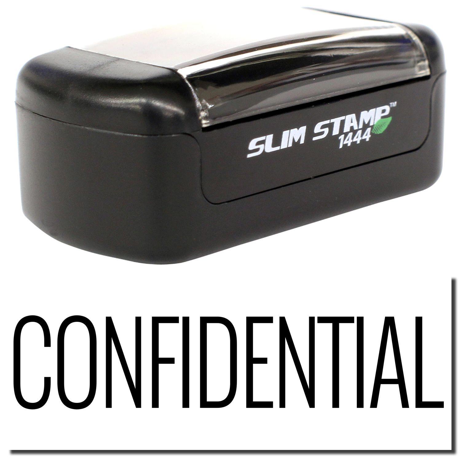 A stock office pre-inked stamp with a stamped image showing how the text CONFIDENTIAL in a narrow font is displayed after stamping.