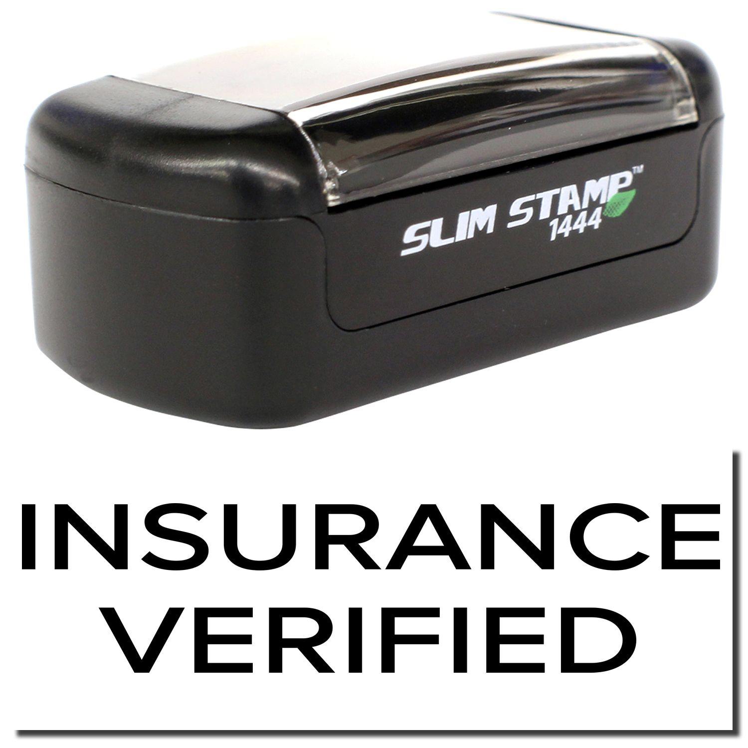 A stock office pre-inked stamp with a stamped image showing how the text INSURANCE VERIFIED in a narrow font is displayed after stamping.