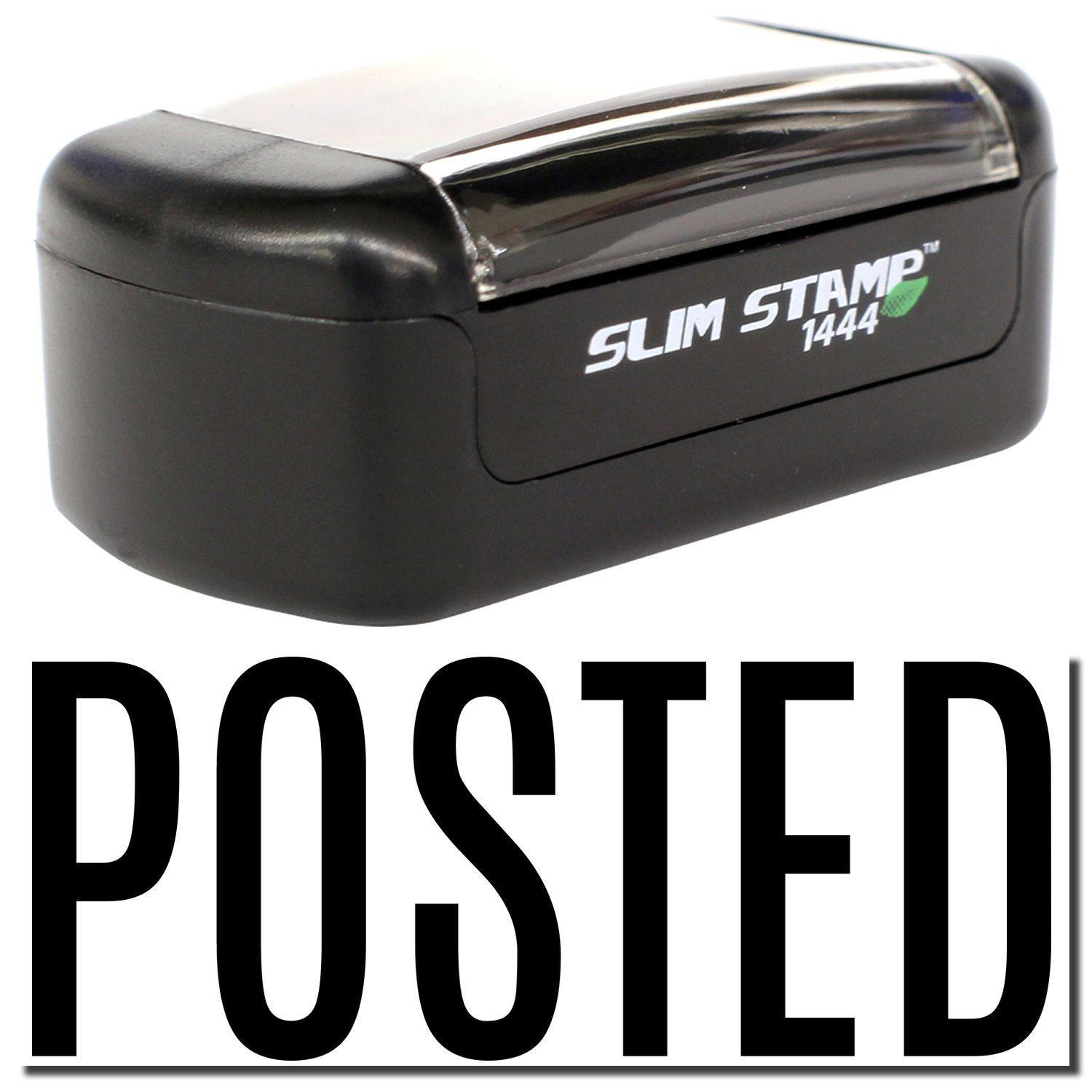 Slim Pre-Inked Narrow Posted Stamp in black with POSTED text imprint, compact design, and clear cover.