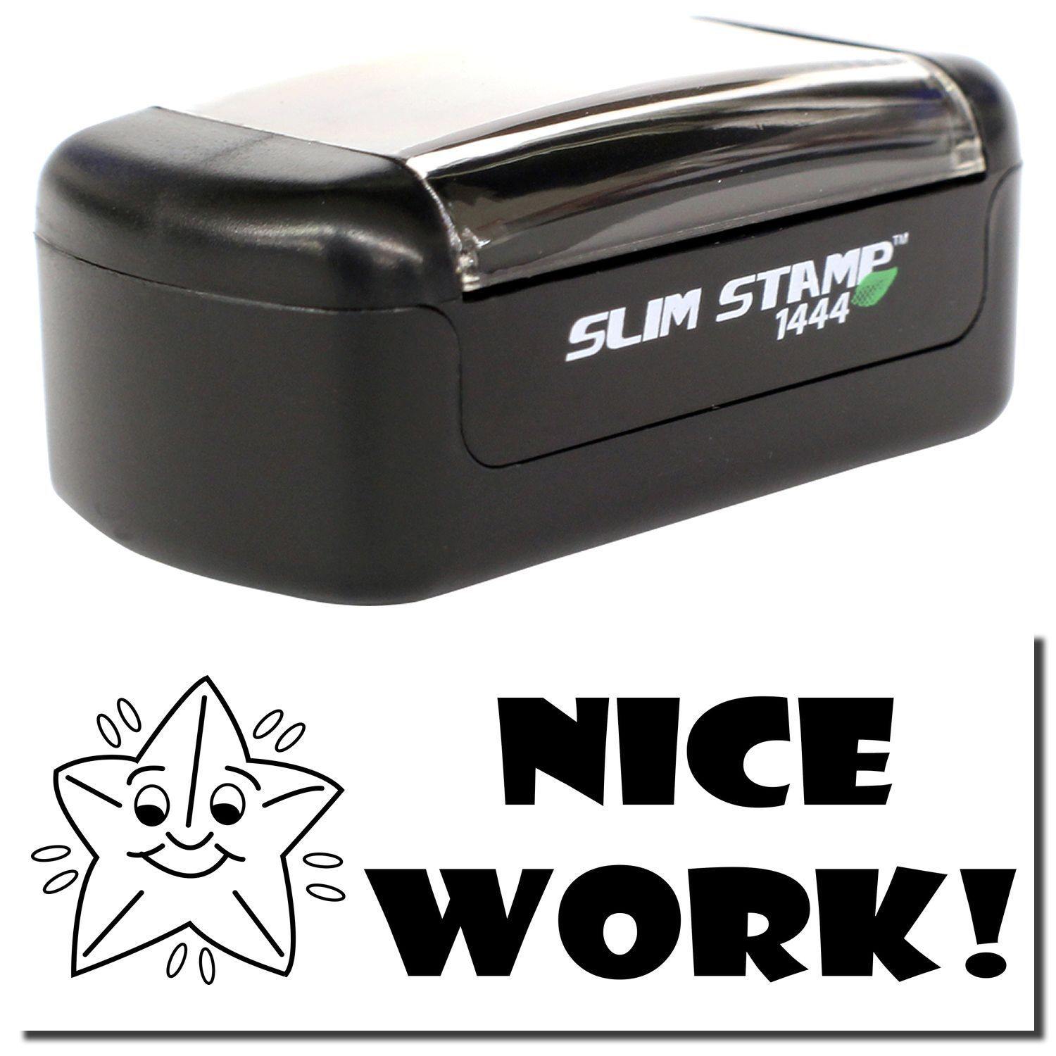 Slim Pre-Inked Nice Work Stamp in black with a clear cover, featuring a smiling star and the text Nice Work! below.