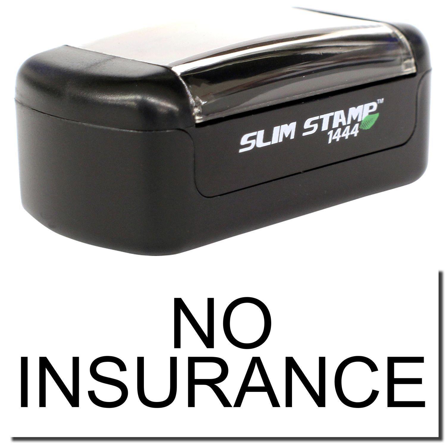 Slim Pre-Inked No Insurance Stamp, black, compact design with clear cover, text NO INSURANCE displayed below the stamp.