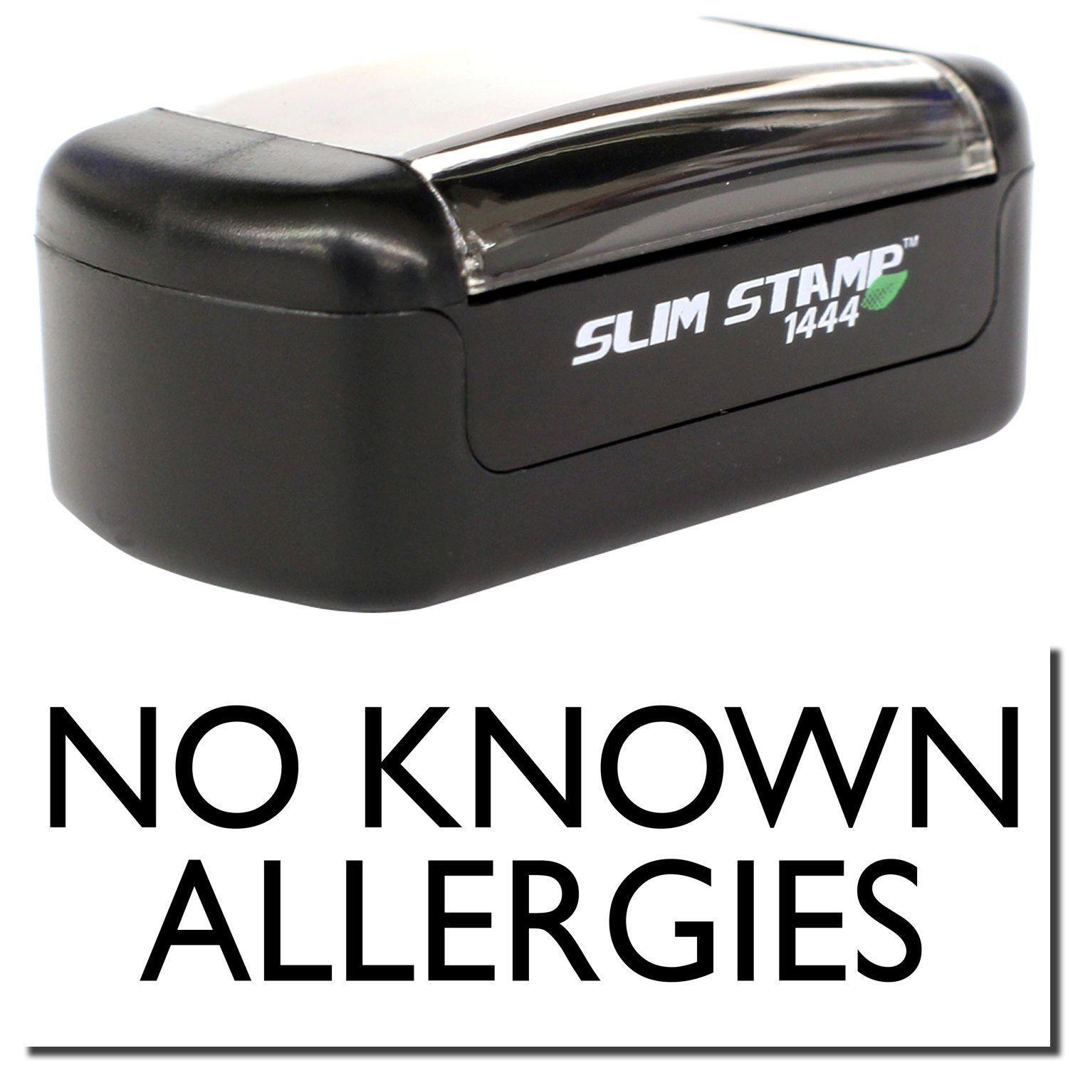 Slim Pre-Inked No Known Allergies Stamp in black, compact design with clear cover, shown above text NO KNOWN ALLERGIES .