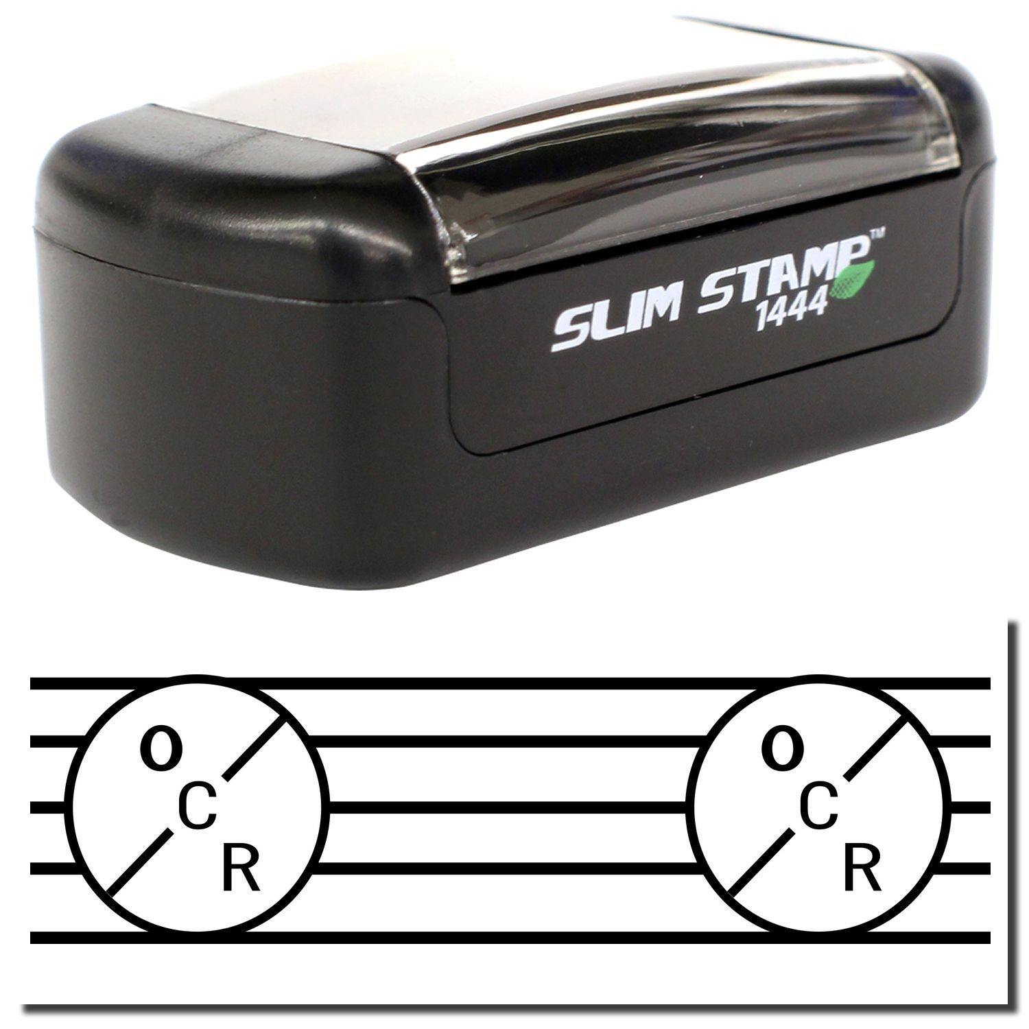 Slim Pre-Inked OCR Stamp in black with a clear cover, shown above a sample of its OCR imprint design.