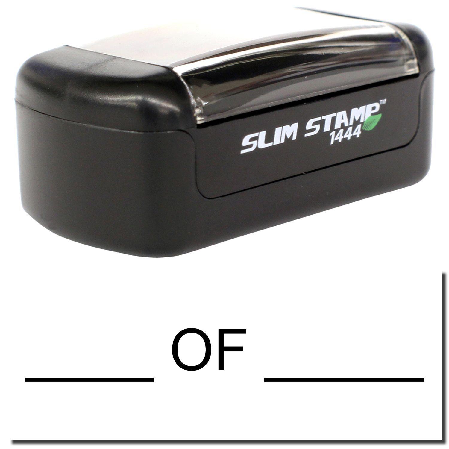 Slim Pre-Inked OF Stamp, black, compact design with clear cover, model 1444, shown on a white background.