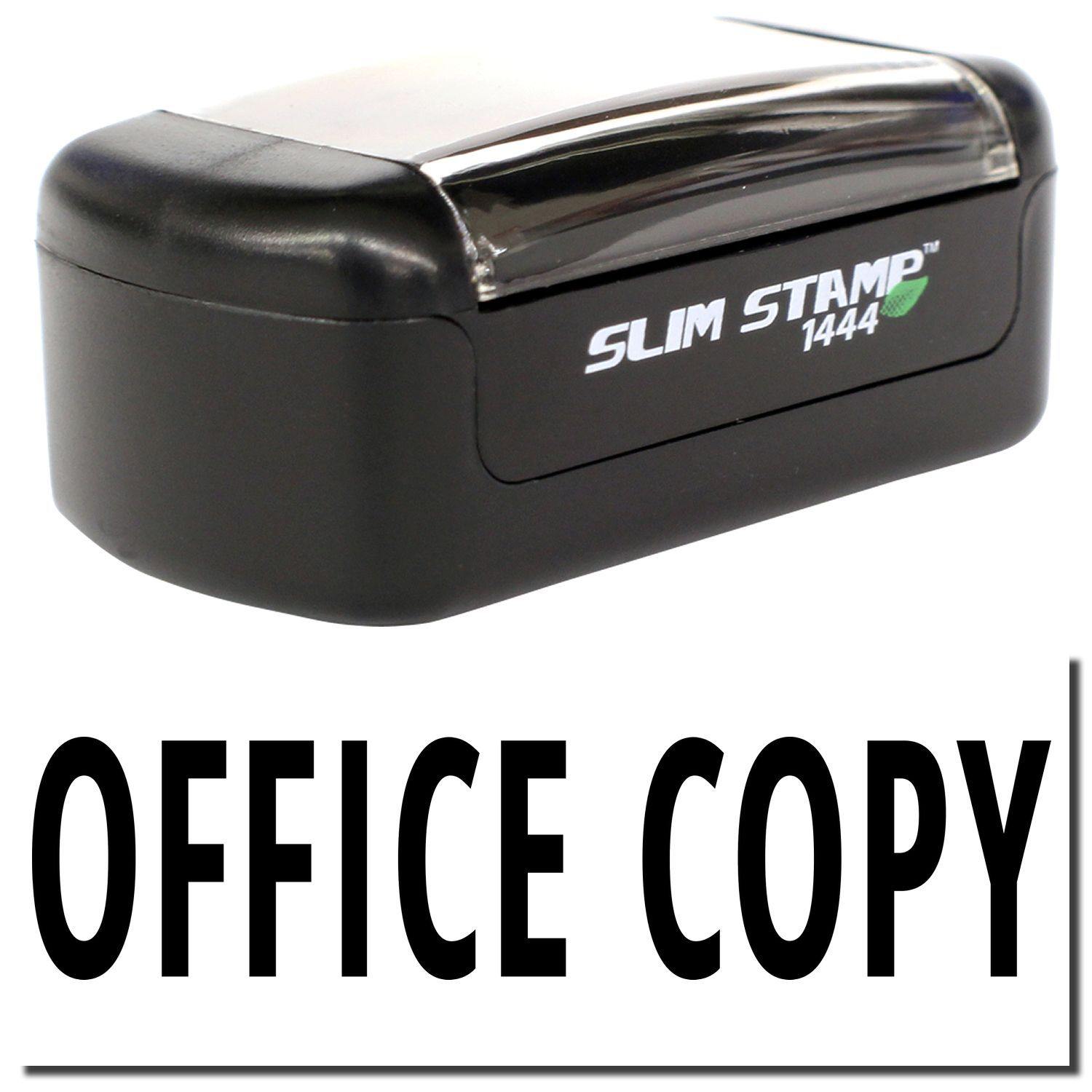 Slim Pre-Inked Office Copy Stamp in black, compact design with clear cover, and bold OFFICE COPY text below.