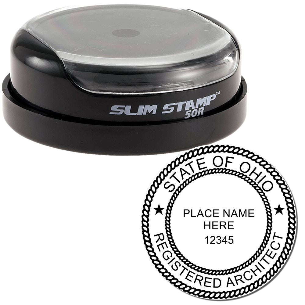 The main image for the Slim Pre-Inked Ohio Architect Seal Stamp depicting a sample of the imprint and electronic files