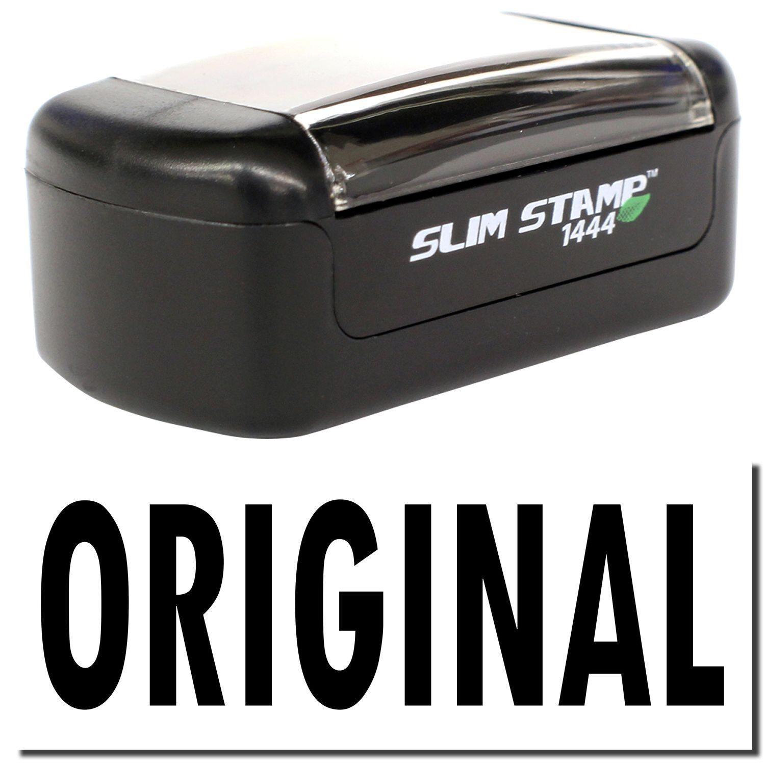 Slim Pre-Inked Original Stamp in black with a compact design, featuring the text SLIM STAMP 1444 and ORIGINAL below.