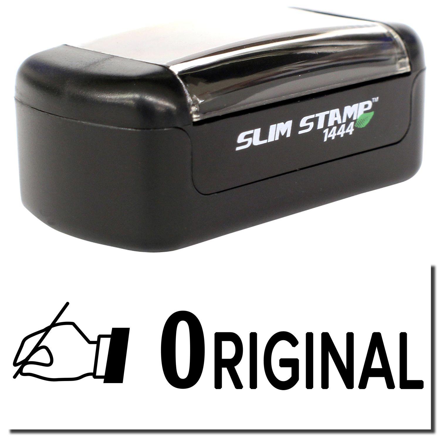 Slim Pre-Inked Original with Hand Stamp, black, compact design, shown with a hand icon and the word Original in bold.