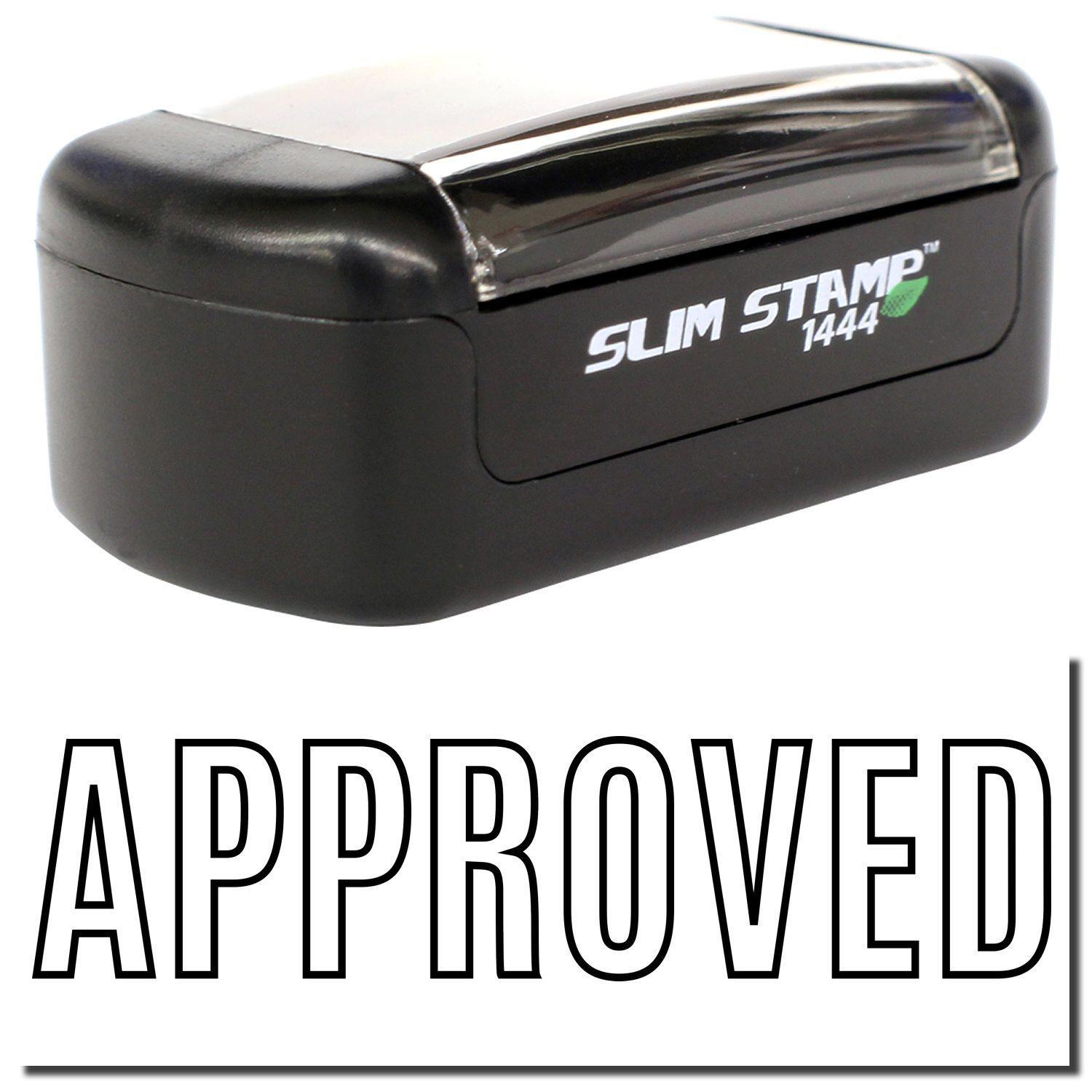 Slim Pre-Inked Outline Approved Stamp in black, with the word APPROVED stamped below it in bold, outlined letters.