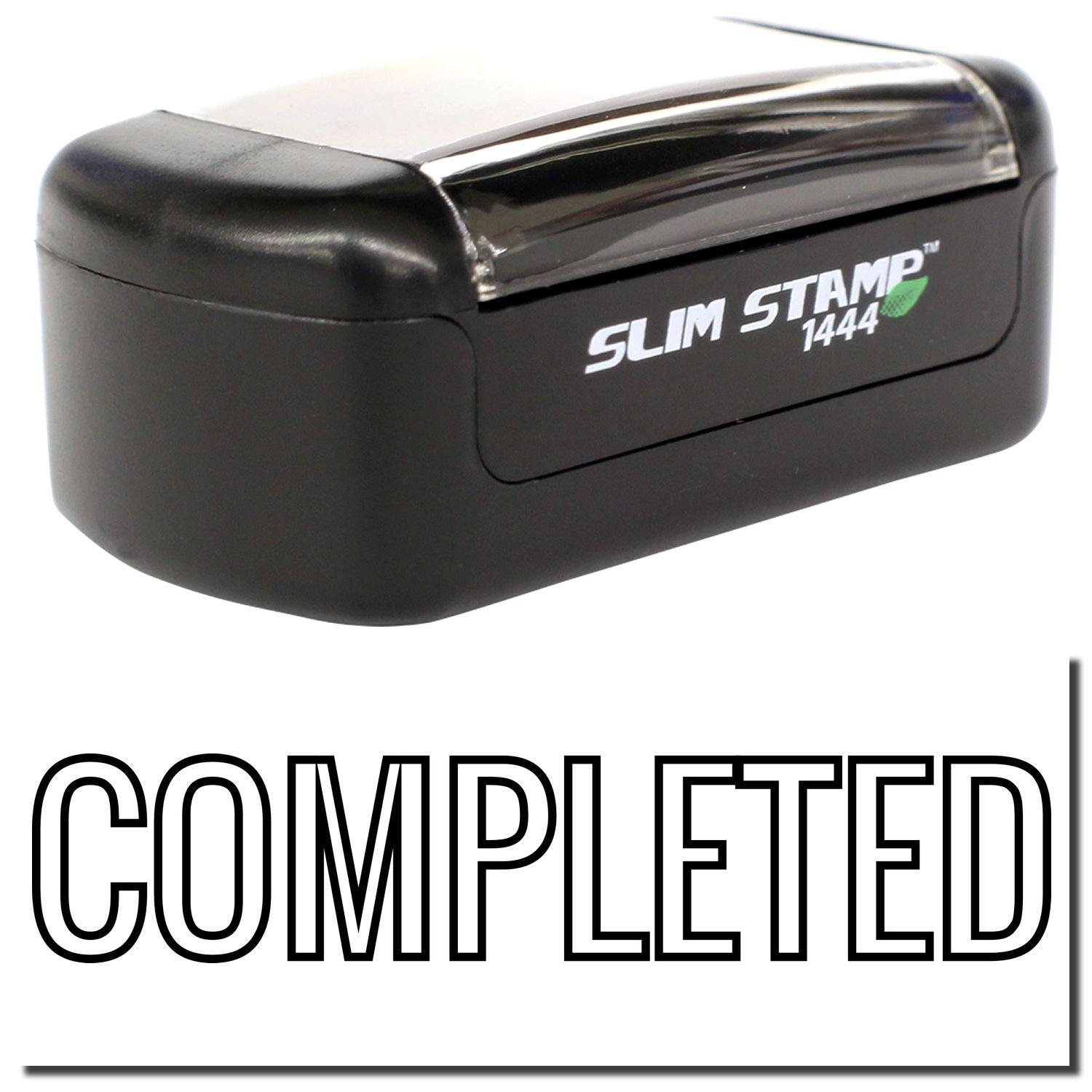 Slim Pre-Inked Outline Completed Stamp in black, with COMPLETED text below. Compact design with clear cover.